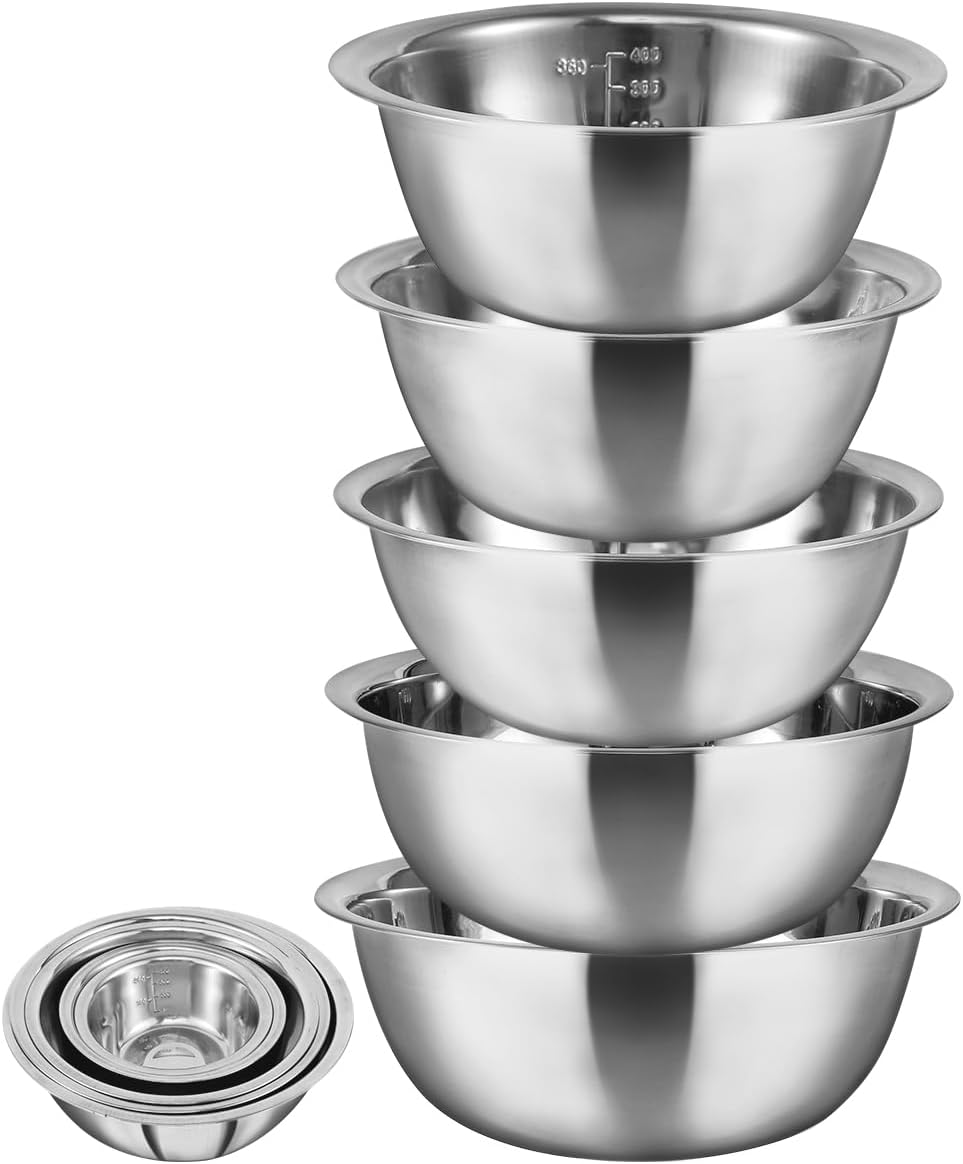 5Pcs Mixing Bowls Stainless Steel 5 Sizes Baking Bowls Mixing Set, Multipurpose Kitchen Utensils Cooking Set Mixing Bowls for Kitchen Mixing Baking Prepping Cooking Serving image number 1