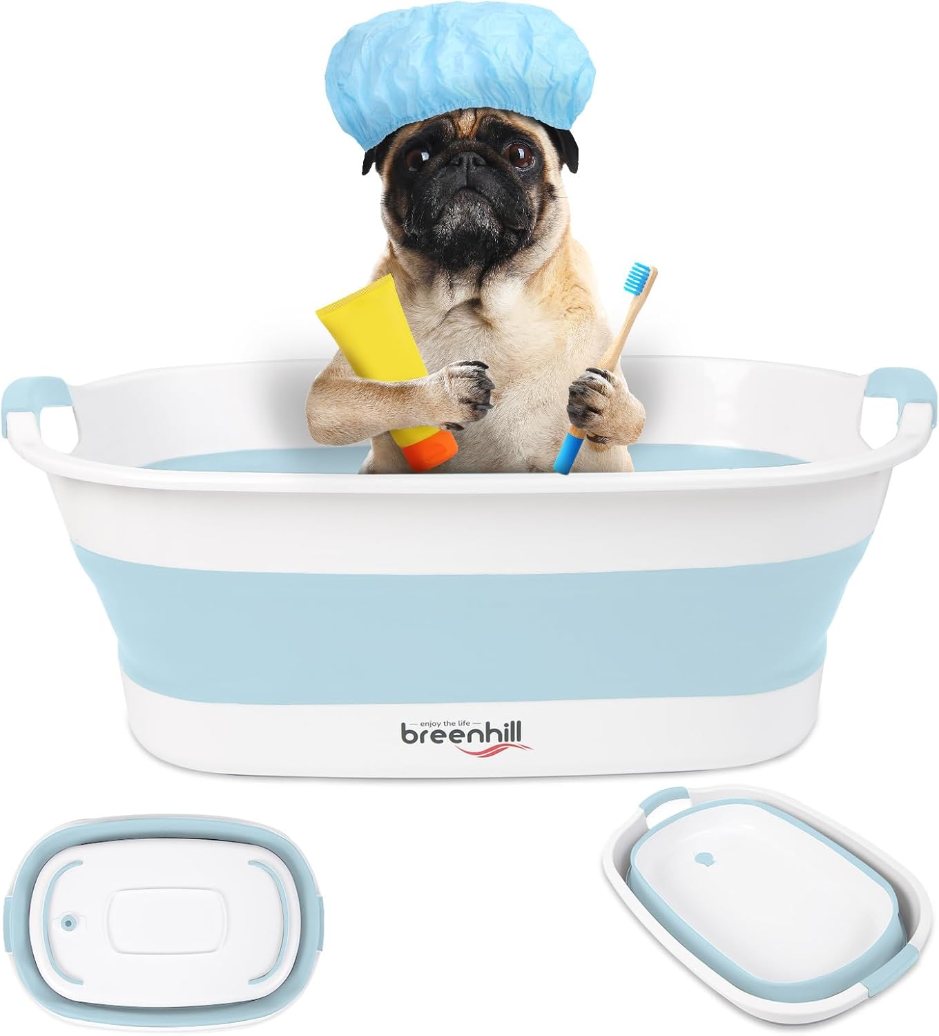 BREENHILL Collapsible Dog Bath Tub for Small Dogs & Cats, Portable Puppy Bath Tub with Water Drain Plug, Space Saving Foldable Pet Bathtub for Indoor & Outdoor Use, Grey