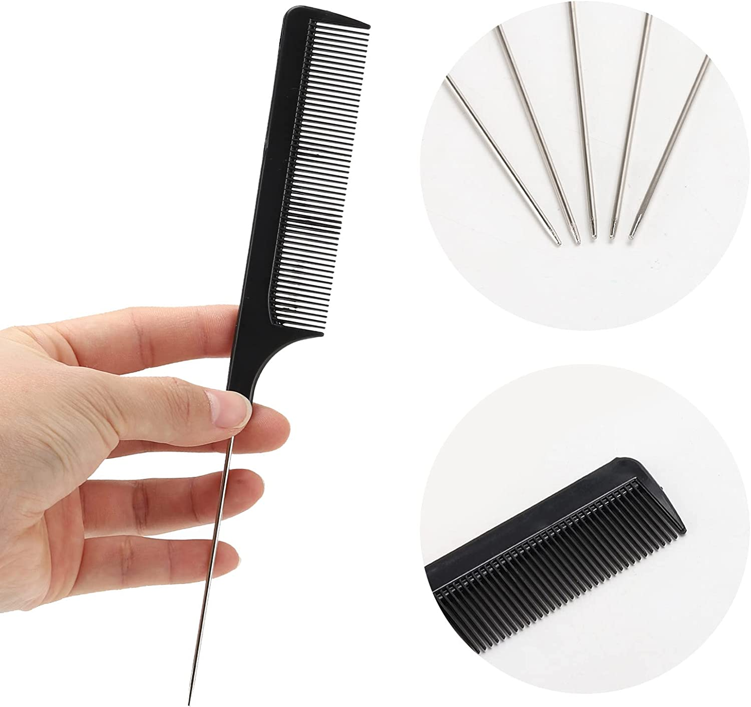5 Pieces Rat Tail Comb Steel Pin Rat Tail Carbon Fiber Heat Resistant Teasing Combs with Stainless Steel Pintail image number 1