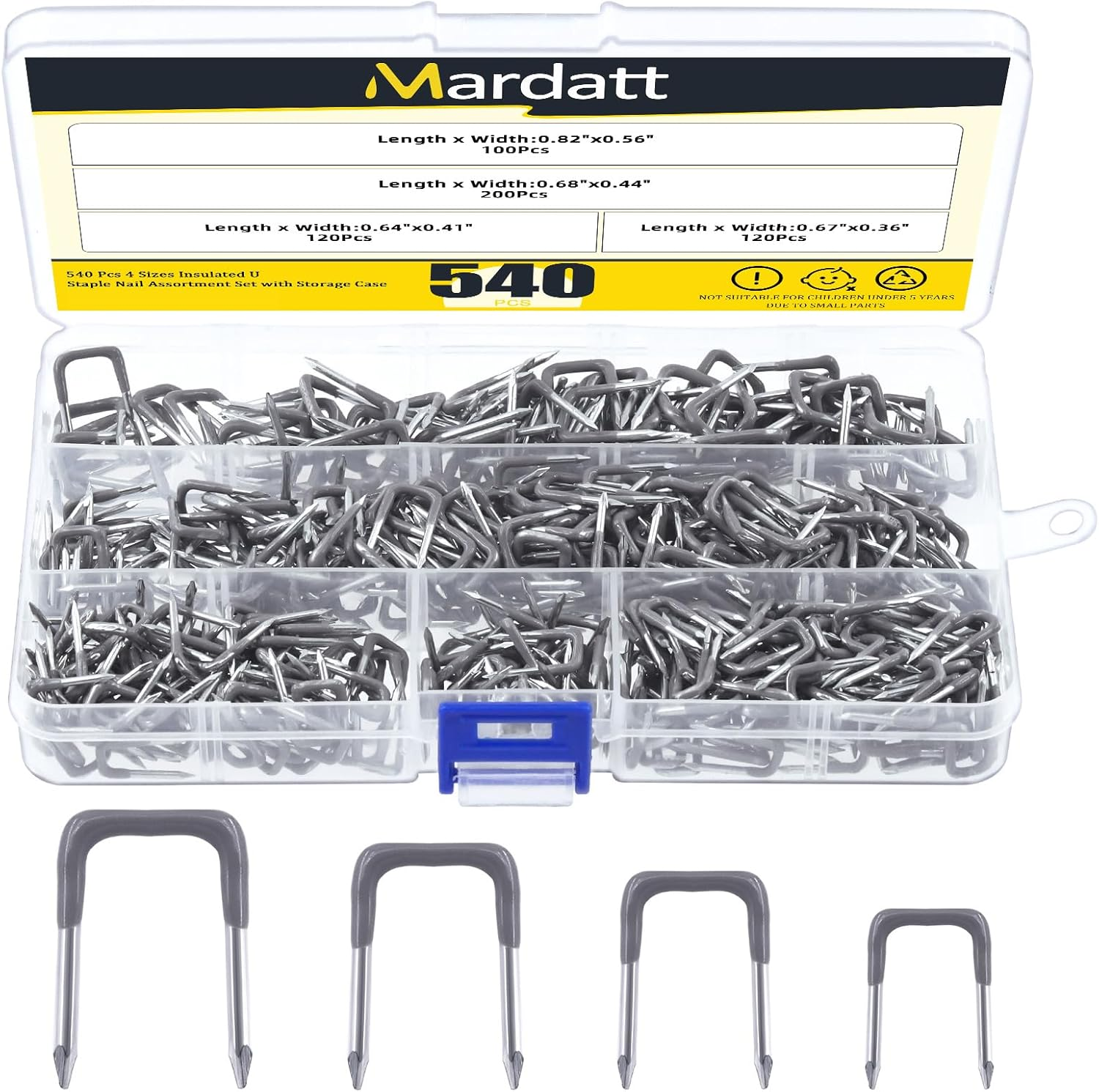 Mardatt 540 Pcs Insulated U Staple Nail Assortment Set with Storage Case, 0.56", 0.44&ldquo;, 0.41", 0.36" Metal Cable Staple for Fixing Electrical Wire image number 5