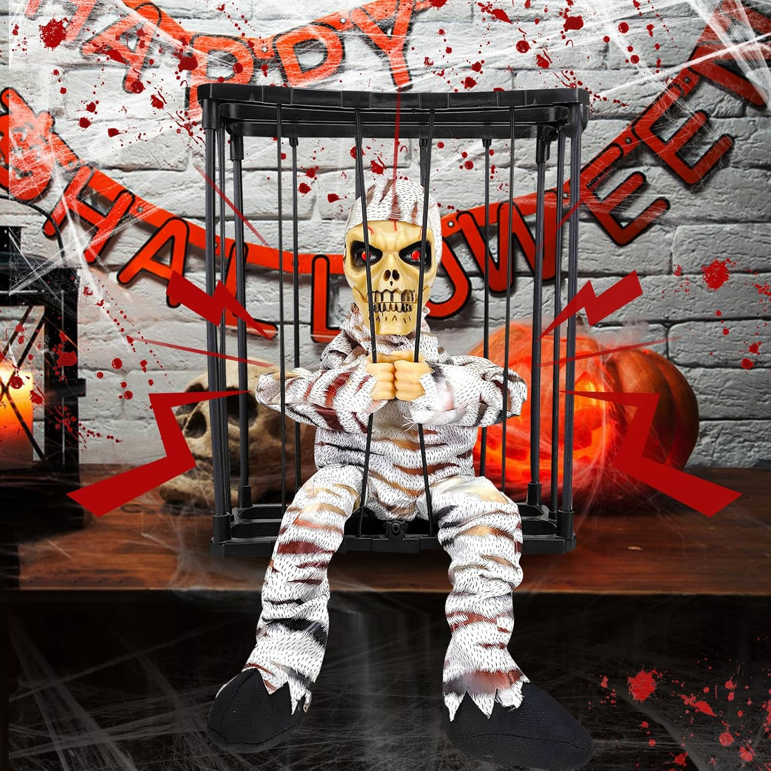 Screaming Animated Halloween Decorations, Halloween Decor Prop with Motion Sensor, Scary Skull Cage Prisoner Haunted House Decor, Spooky Hanging Ghost Eyes Glow Decorations (Color D) image number 4