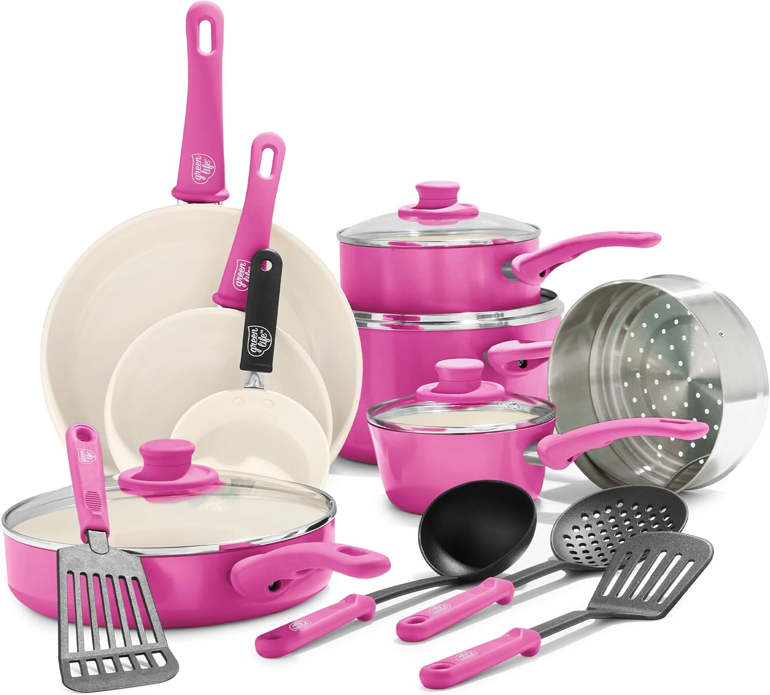 Greenlife Soft Grip Healthy Ceramic Nonstick, 16 Piece Cookware Pots and Pans Set, Pfas-Free, Dishwasher Safe, Bright Pink