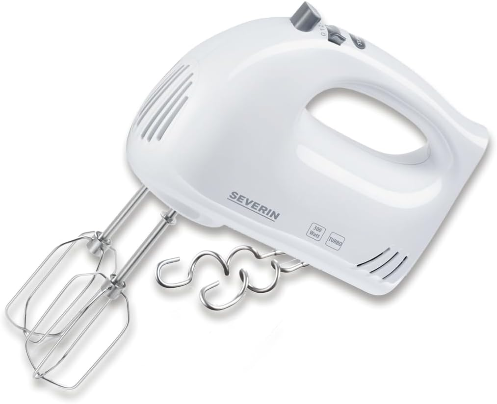 SEVERIN HM 3820 Hand Mixer, 5 Speed Levels, Turbo, Stainless Steel Whisks & Dough Hooks, White
