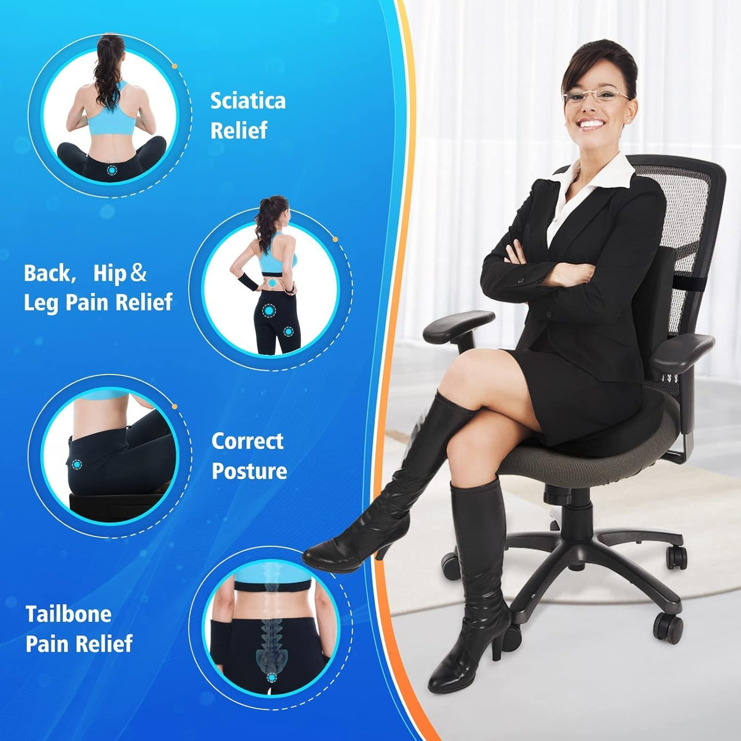 Chair Cushion & Seat Cushion for Office,Memory Foam Lumbar Support for Chair,Car,Back Support with Breathable Cover,Adjustable Straps,For Relieve Pain of Back,Lumbar,Tailbone and Sciatic Nerv,Black image number 4