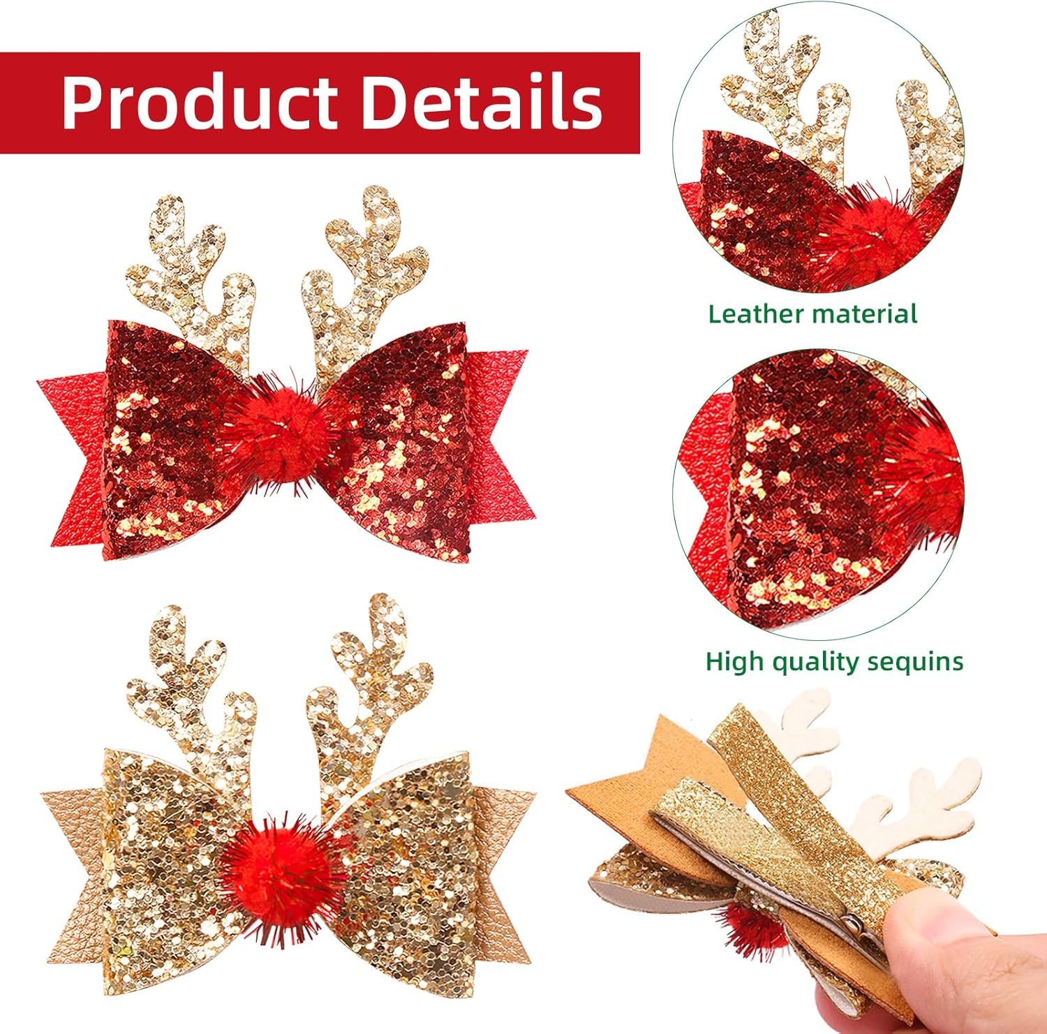 Pack of 4 Christmas Deer Hair Accessories Clips, Christmas Hair Accessories, Hair Clips, Christmas Decoration Hair Clip for Children, Girls, Women, Christmas Glitter Hair Clips, Bow Hair Pins image number 5