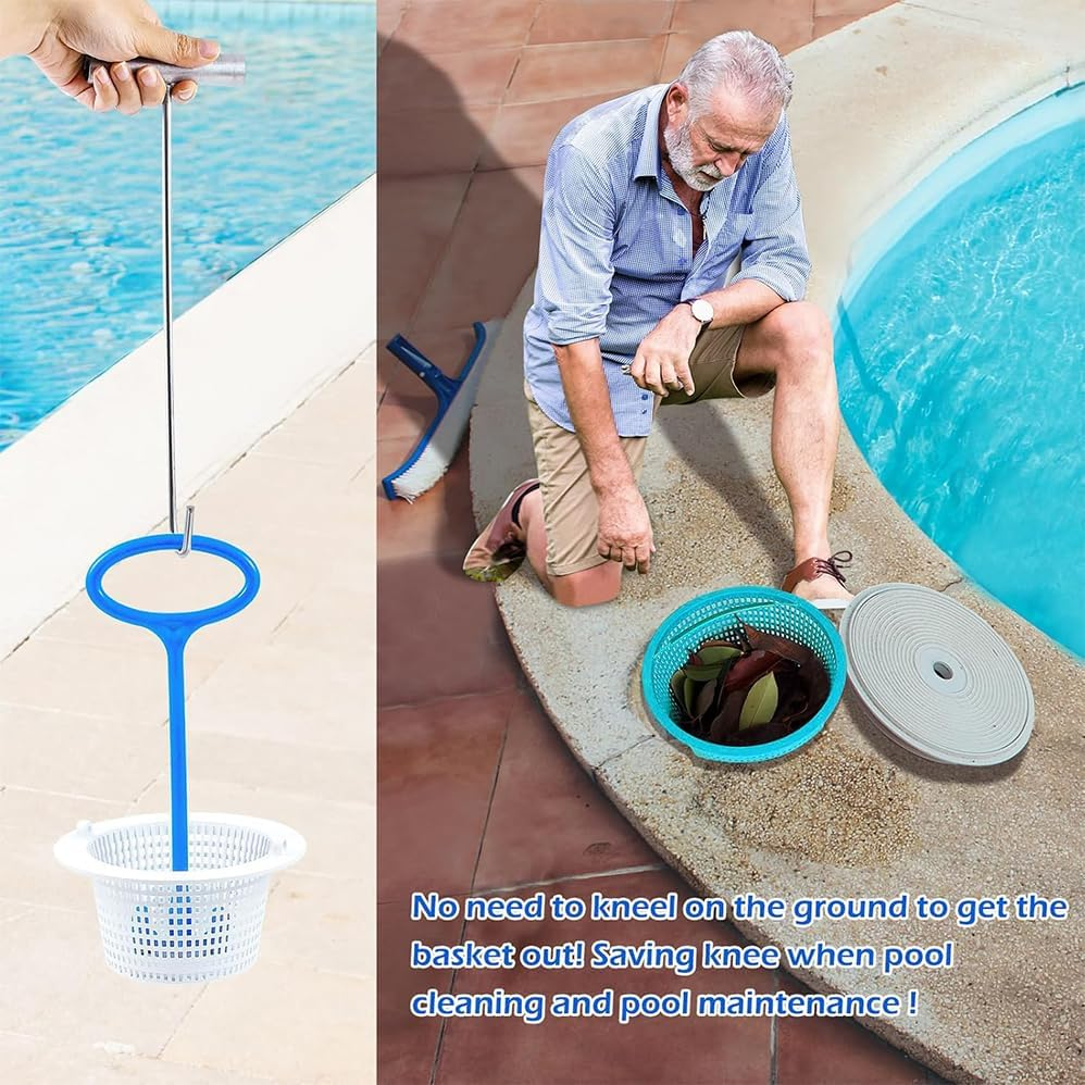 2 Silver Stainless Steel Hook & 2 Blue Skimmer Basket Handle for Inground Pool, Inground Swimming Basket Handle Cleaning Tool for Debris Removal,Keep Hands Clean and Safe Supplies image number 2
