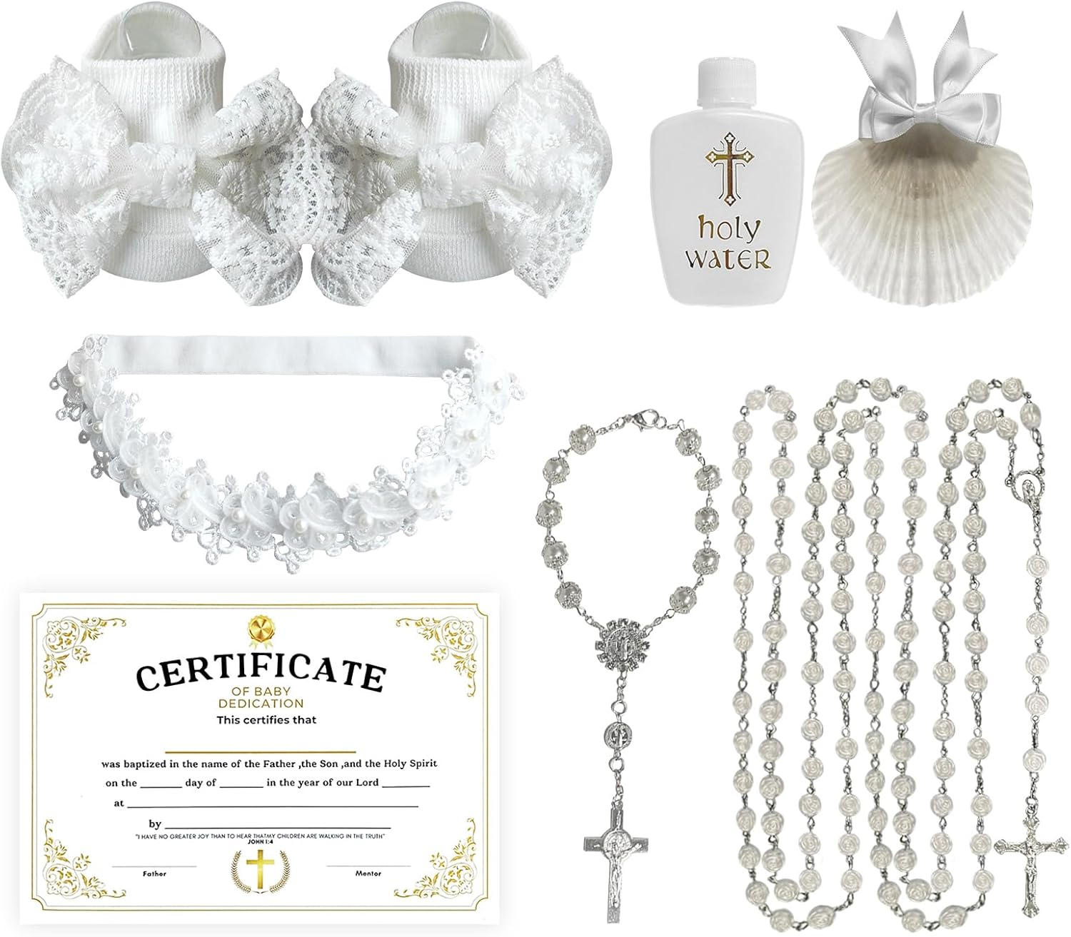 7Pcs Baby Girl Baptism Set, Baptism Socks Pearl Headband Cross Charm Rosary Certificate, Seashell, Holy Water Bottle, First Communion Gift image number 4