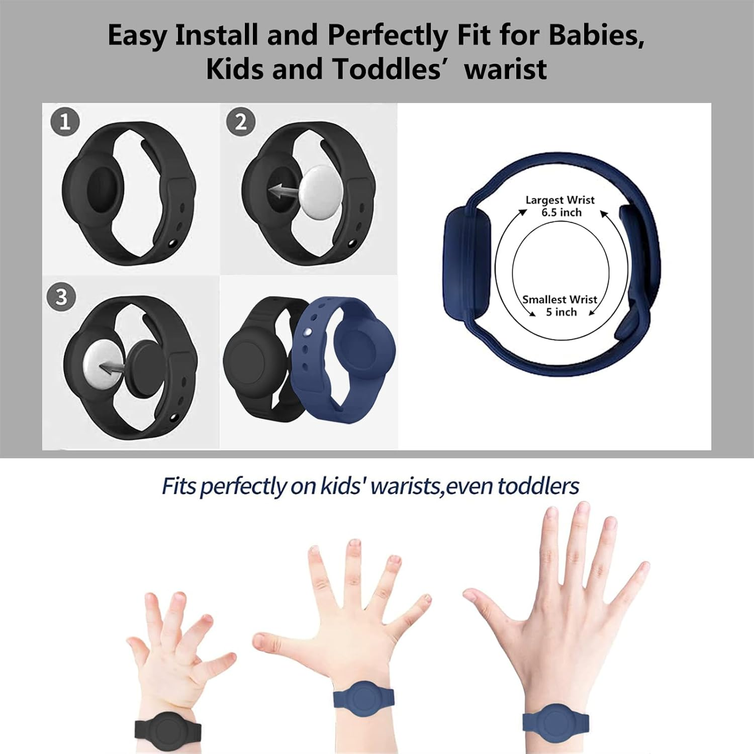 Aircawin Waterproof Airtag Bracelet for Kids,2 Pack Silicone Hidden Airtag Wristband Kids,Anti-Lost Apple Airtag Holder Case for Toddler,Airtag Case Cover Watch Band GPS Tracker for Child Black+Blue image number 1