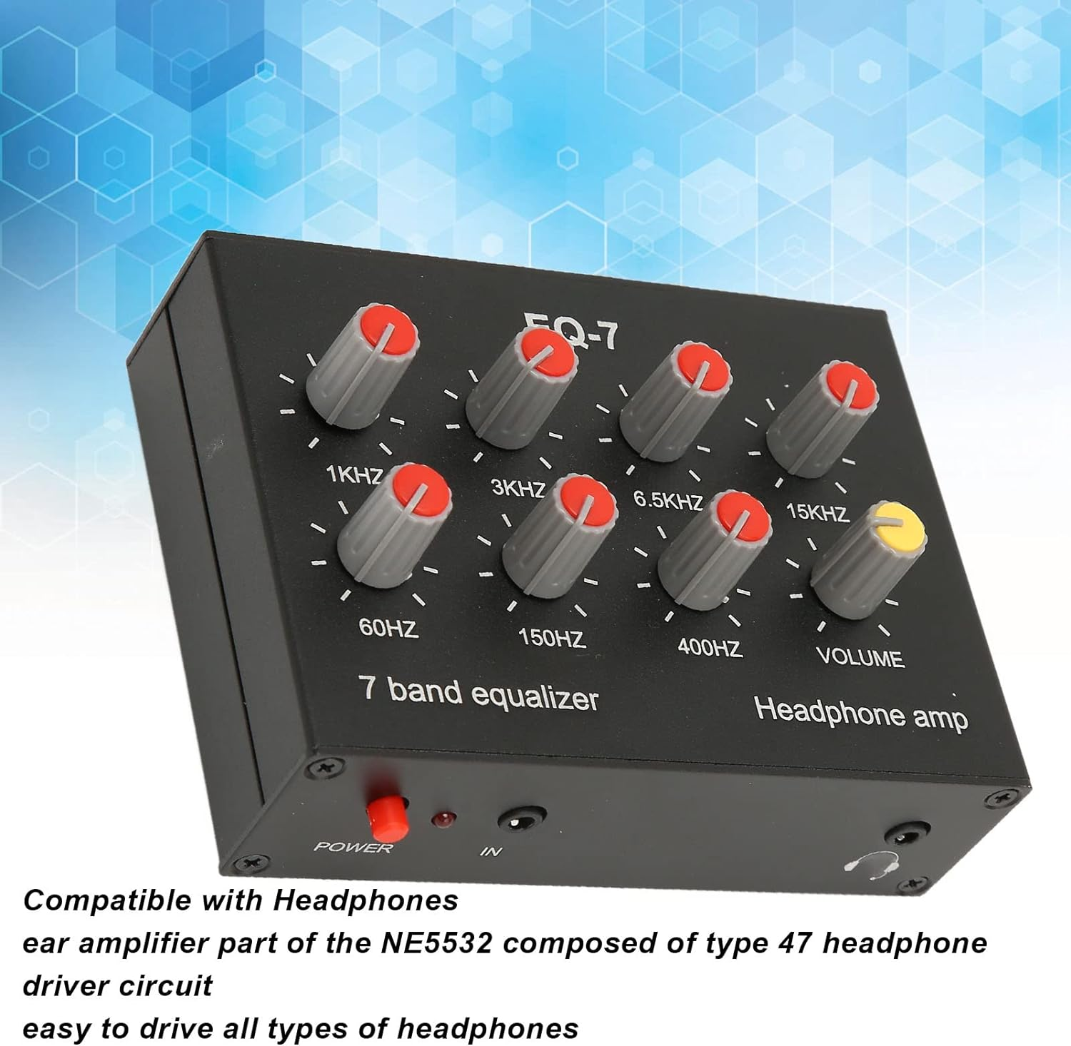 7 Band Sound Equalizer 12Db High Bass Dual Channel Digital Equalizer, Aluminum Alloy, Compatible with Headphones, 3.5Mm Interface for Cell Phones, DC5V to 12V Power Supply image number 3