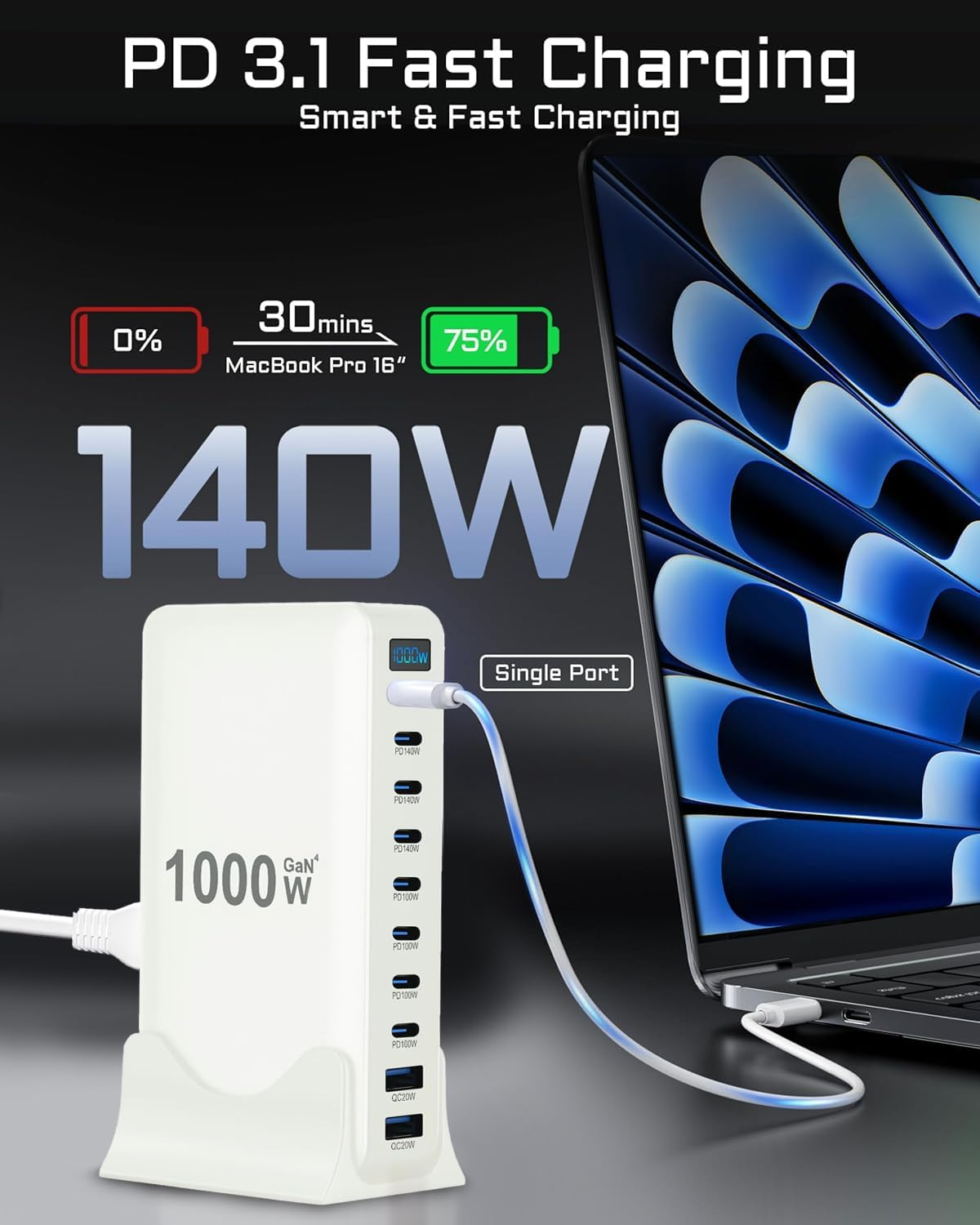 Cyperever 1000W USB C Fast Charger Block,10 Port USB Charging Station,Gan III 10-Port Fast Charging Station Hub,Pd 3.1 140W Laptop Charger Adapter Compatible with Macbook,Dell,Iphone Galaxy (White) image number 2