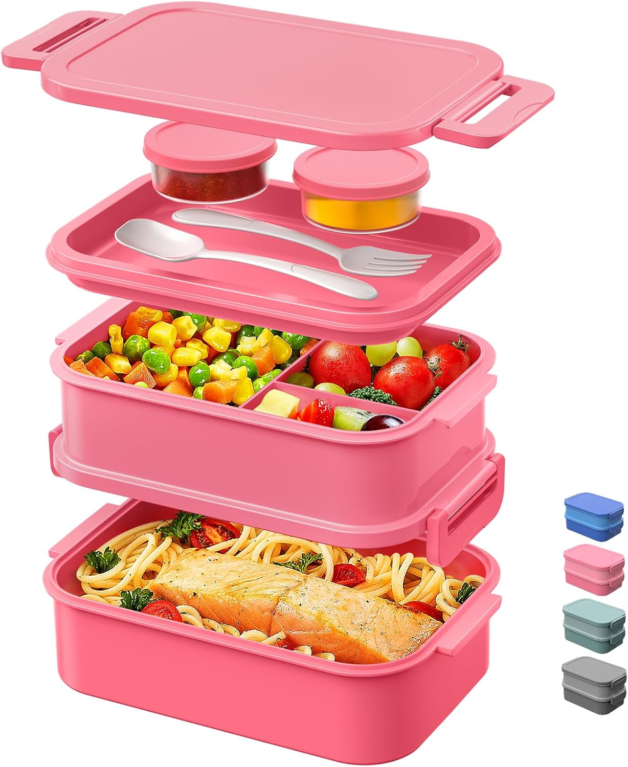 Dacool Bento Box Adults Lunch Container - 74 OZ Stackable Leakproof Bento Lunch Box for Adults Men Boys Teens Large Lunch Box Containers with Fork Spoon Sauce Boxes for Work School Dining Out, Blue