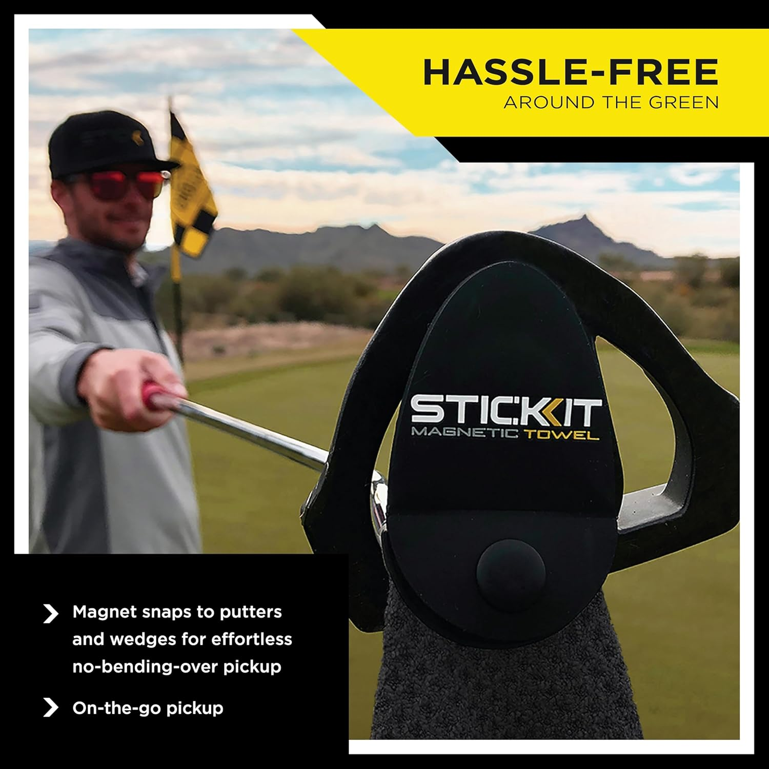 STICKIT Magnetic Golf Towel, Black | Top-Tier Microfiber Golf Towel with Deep Waffle Pockets | Industrial Strength Magnet for Strong Hold to Golf Carts or Clubs image number 6