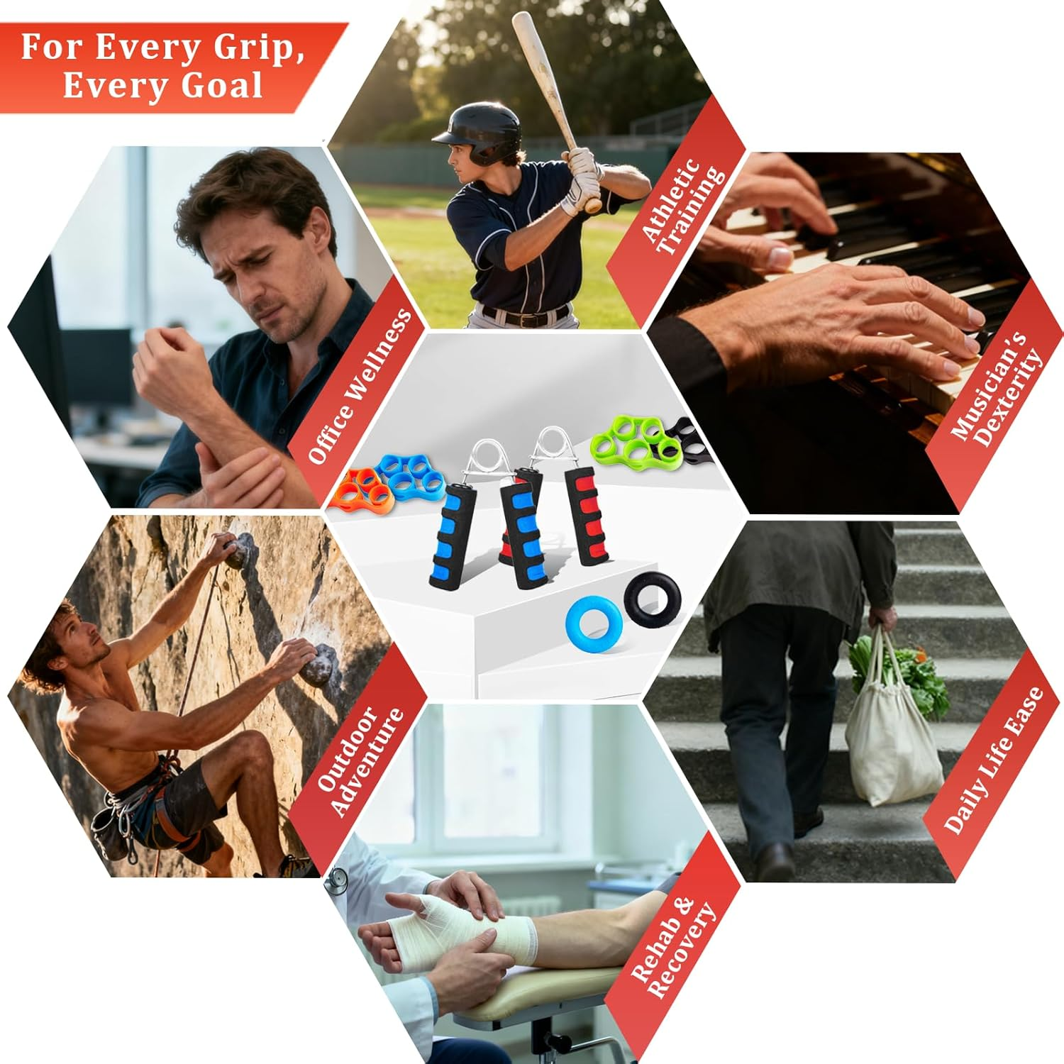 Hand Grip Strength Training Set, 8-Piece Exercise Kit with 2 Color Adjustable Gripper, 4 Color Finger Stretcher & 2 Grip Ring