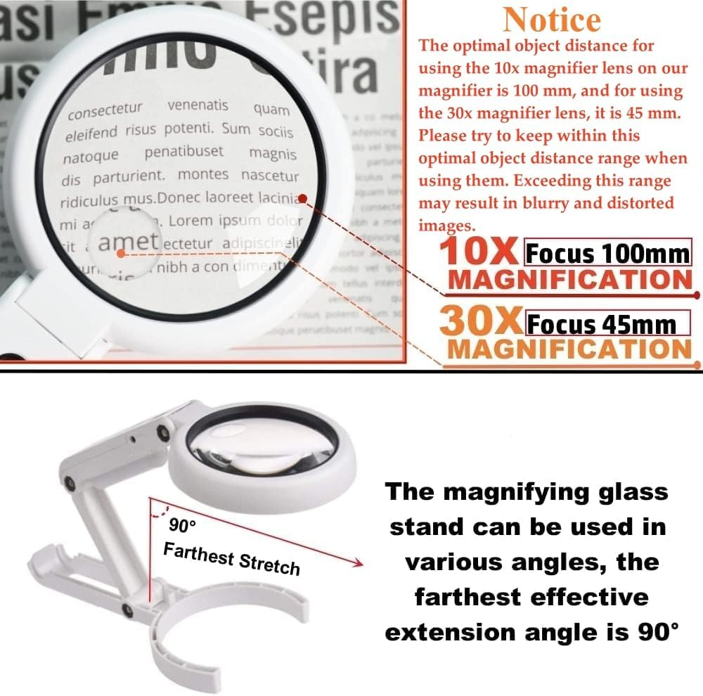 30X 10X Magnifying Glass with Light and Stand, Foldable Handheld Magnifying Glass & 2 Level Dimmable for Close Work, Macular Degeneration, Seniors Reading, Powered by Battery or USB image number 3