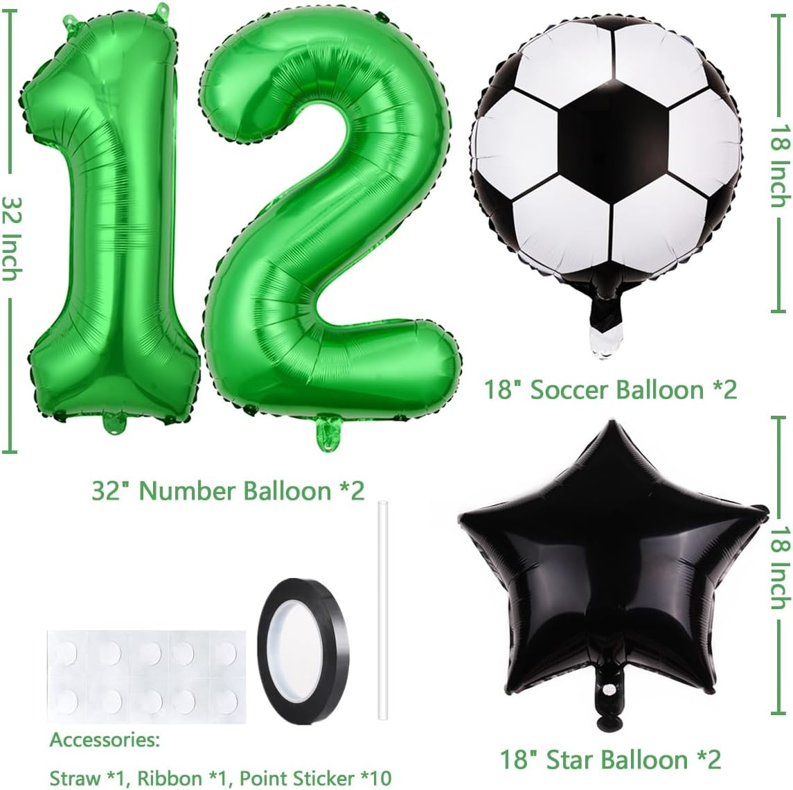 Soccer 12Th Birthday Decoration for Boys, World Cup Party Supplies, Foil Mylar Green 12 Sports Theme Party Favors, Anniversary Decor image number 5
