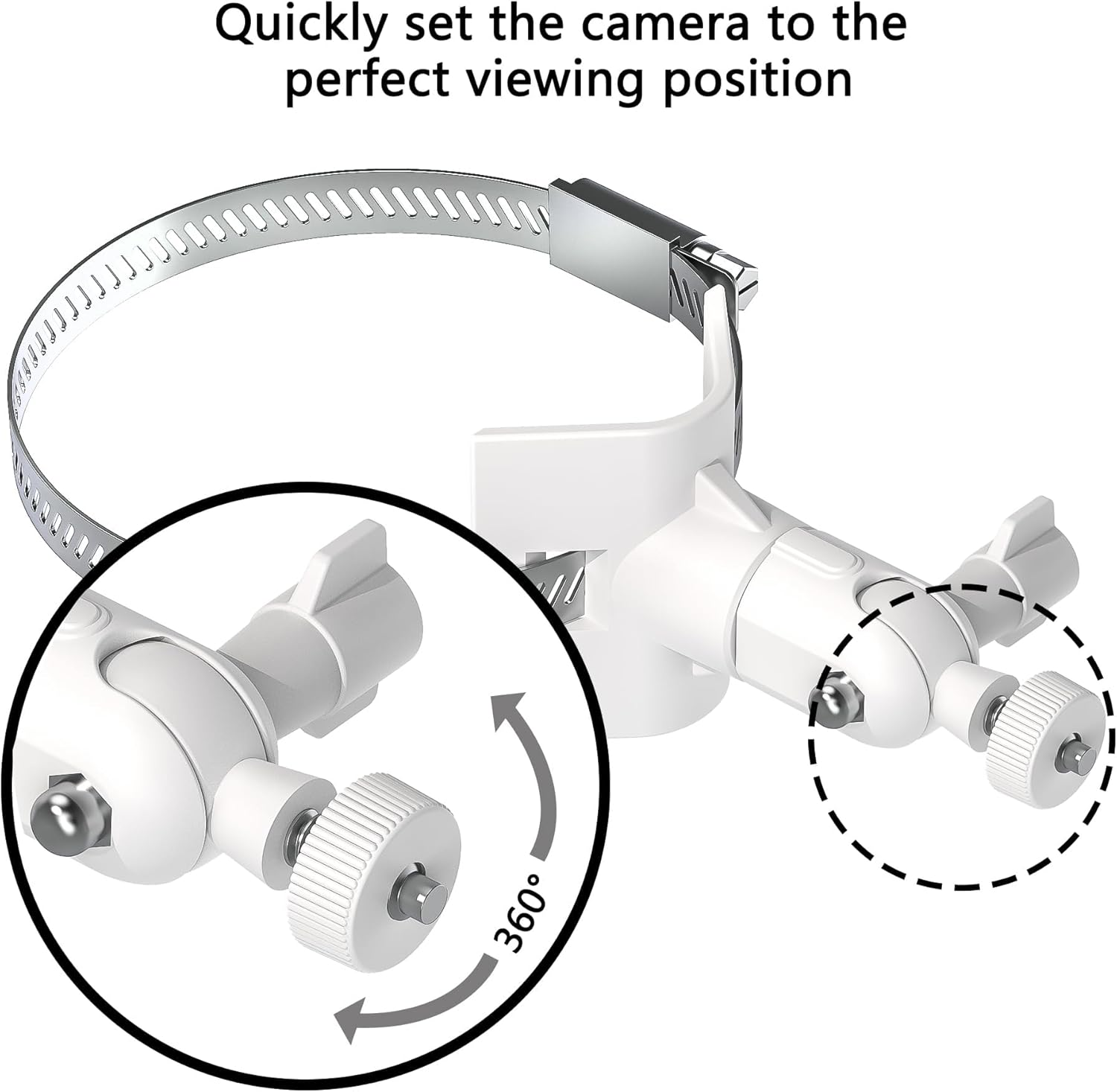 Universal Adjustable Stainless Mount Bracket Outdoor Security Camera 360 Degree Hoop Hose Clamp Pipe Poles Mount No-Drill Holes Compatible with Reolink/Nest/Arlo/Eufy/Wyze and Other Camera (White)