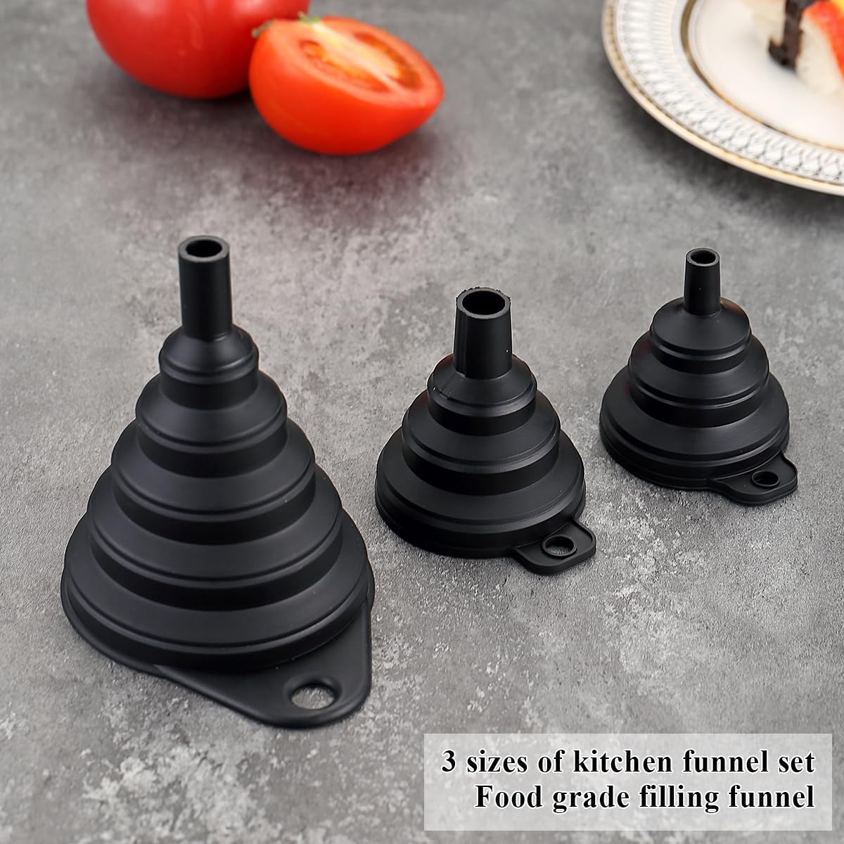 Berglander Kitchen Funnel Set of 3 Easy to Store, Silicone Collapsible Funnels for Kitchen Use, Filling Bottles, Daily Cooking, and Water or Powder Transfer（Black）