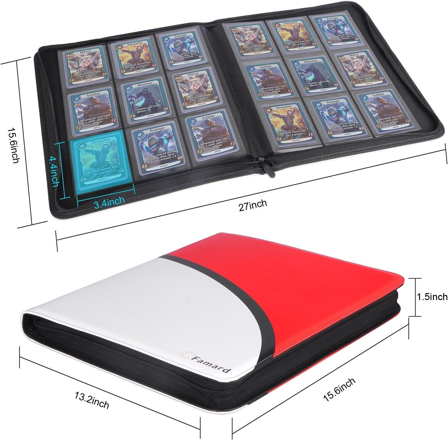 Famard 9-Pocket Binder Fit for Toploader, Trading Card Storage Album Compatible with 288 Top Loaders for Cards, Double-Sided Pockets for 3" X 4" Rigid Card Holders (White-Red) image number 2