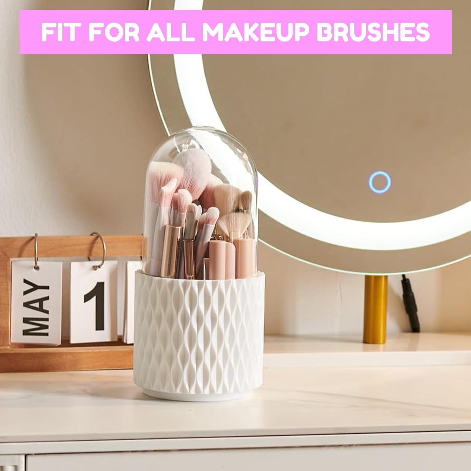 Rotating Makeup Brush Organizer - 360&deg; Spinning Storage Cup with 5 Compartments for Cosmetics, Lipsticks & Art Supplies, Desktop Vanity Holder (White with Cover) image number 3