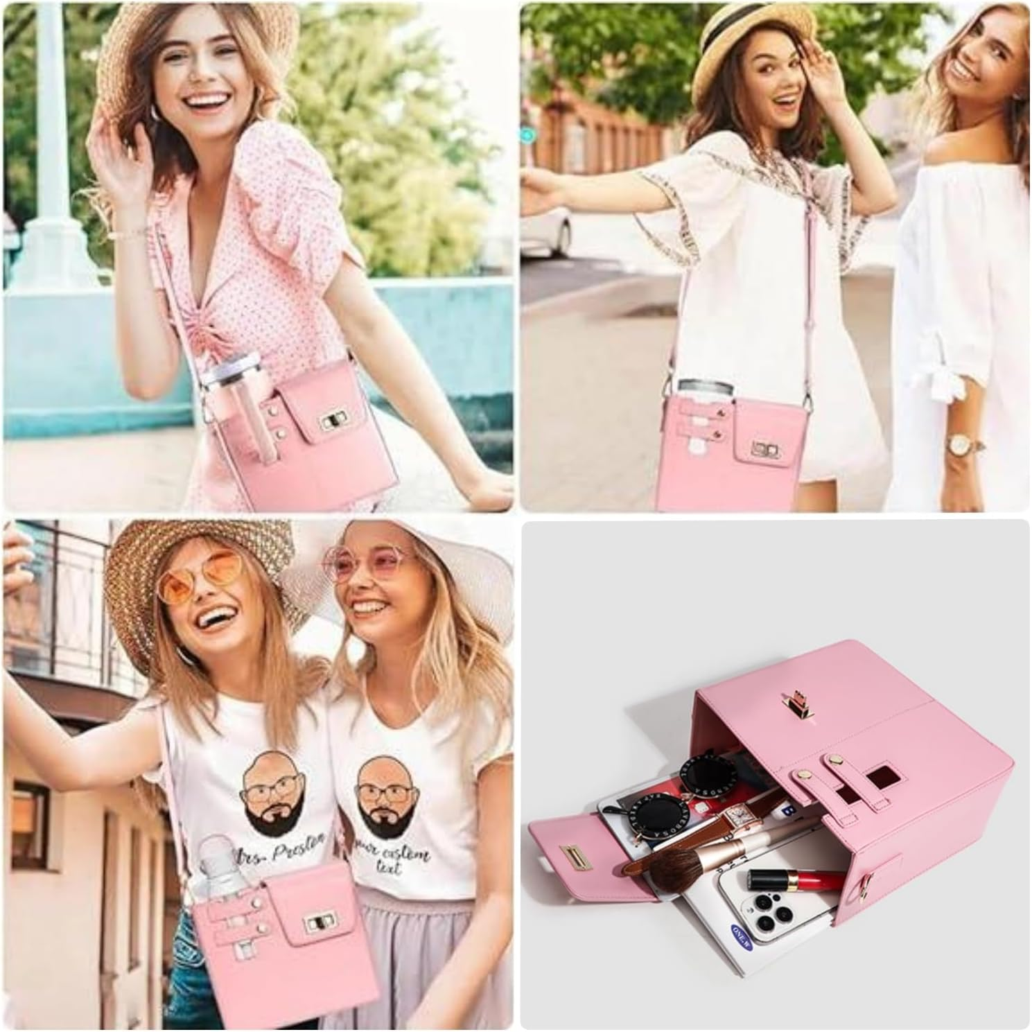 Taicols Water Bottle Bag Crossbody,Water Bottle Carrier Bag for Stanleys Cup,Pu Cup Bag with Adjustable Shoulder Strap,Water Bottle Holder Crossbody, Portable Crossbody Water Cup Storage Bag - Pink image number 6