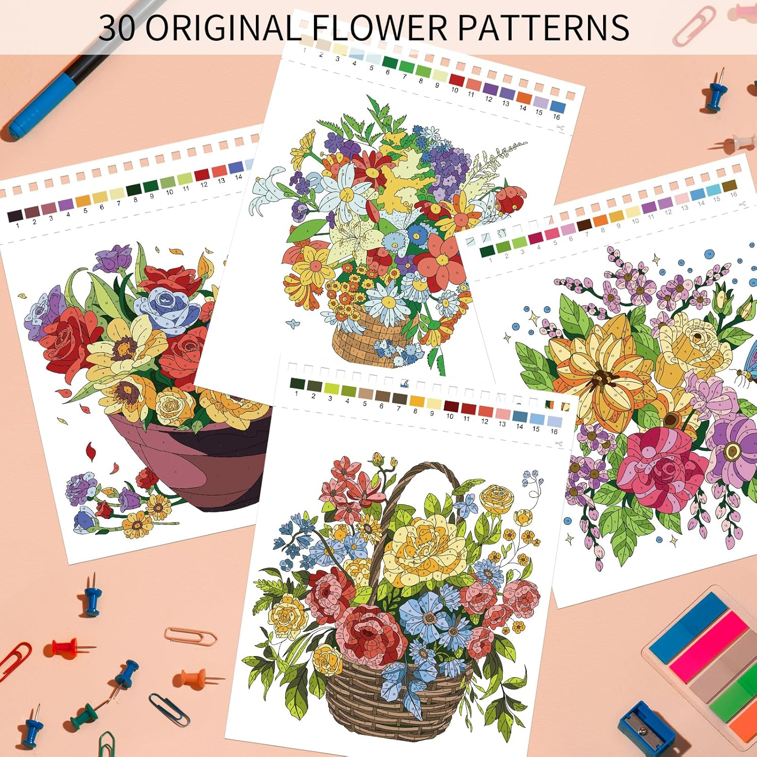 Jadeso Colour by Numbers Adult Colouring Book, Colouring Book for Adult Relaxation, Adult Colouring Book for Women, 30 Pages of Flower Patterns with Top Spiral Bound, Colour by Numbers for Adults, A4 Size with Cardboard