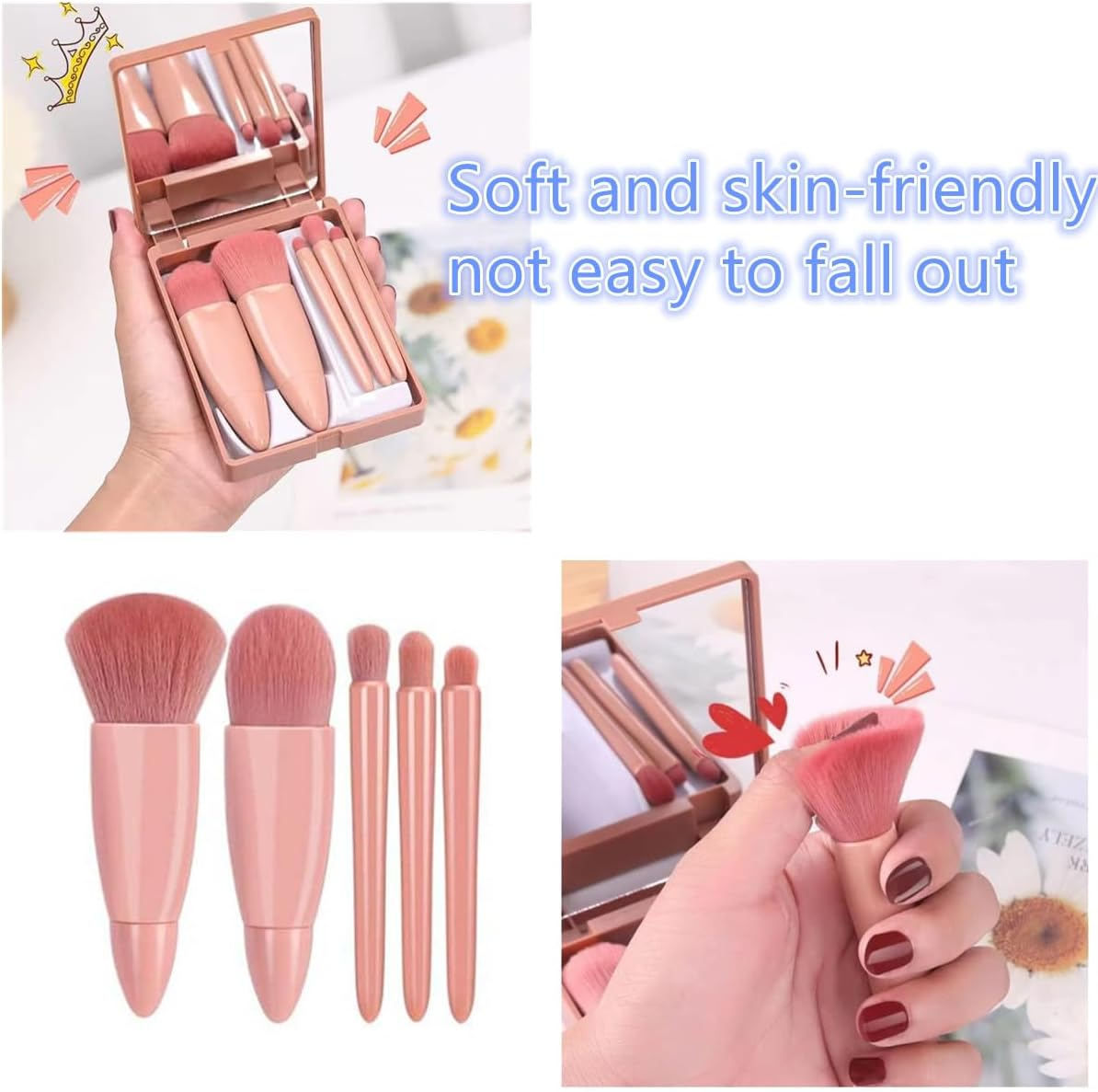 Travel Makeup Brush Set, 5Pcs Mini Make up Kit Portable Complete Function Cosmetic Brushes Kit Cheap Makeup Brush Kit Cute Makeup Brush for Eyeshadow, Powder, Foundation, Blush(5Pcs+Mirror) image number 3