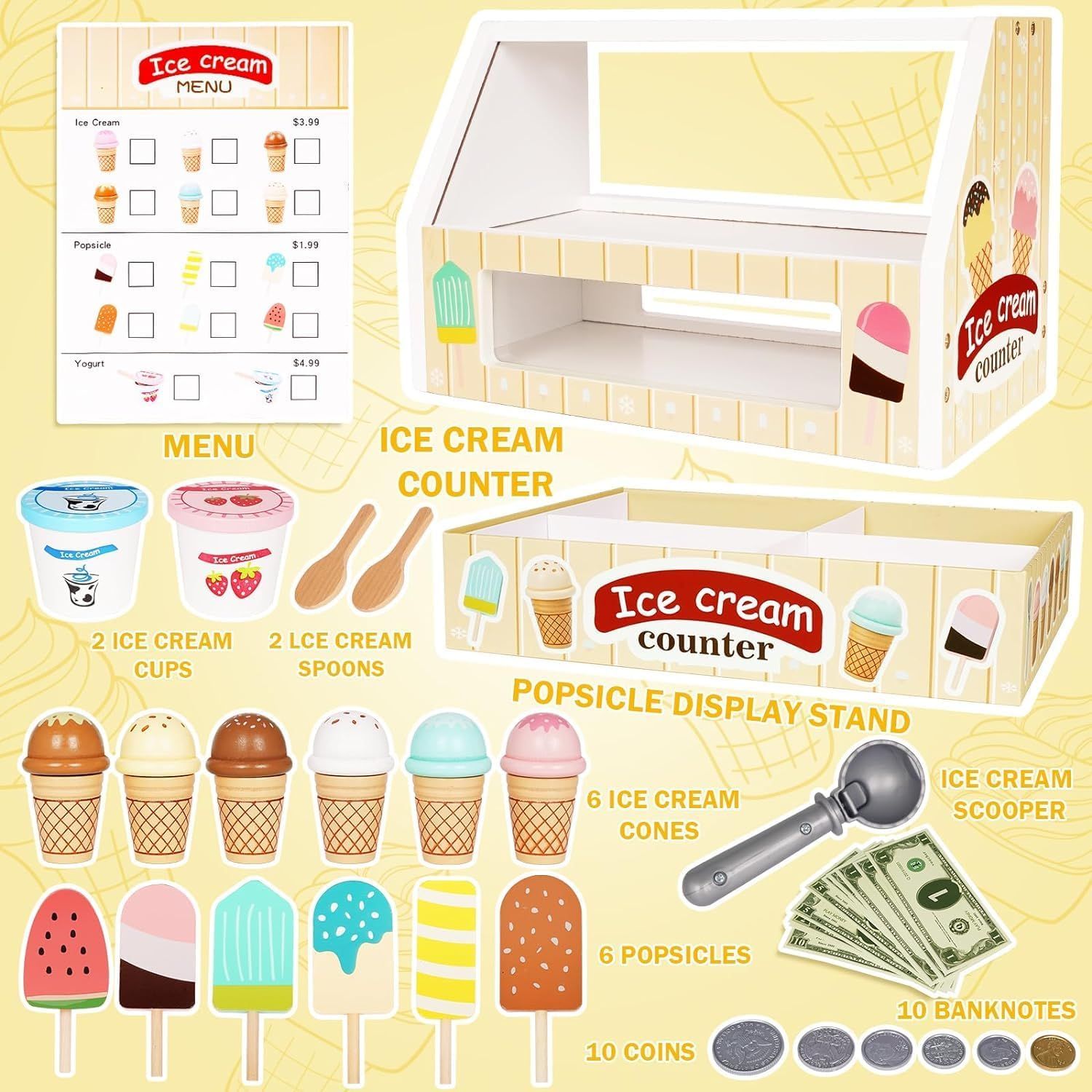 Ice Cream Counter Playset for Kids, Montessori Pretend Play Food Toys Kitchen Accessories Wooden Popsicle Set with Scoop & Fake Cash,Ice Cream Shop Toys Toddler Learning Toy for Kids image number 2