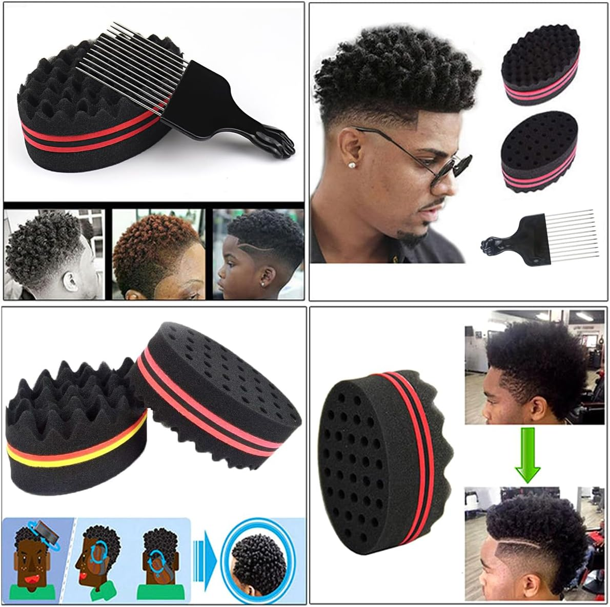ARJDXDP Pack of 4 Twist Sponge Afro Comb Magic Curl Sponge Hair Brush Sponge Holes Hair Sponge Curls Afro Double-Sided Magic Curl Sponge and Curler Gloves Twist Barber Tool