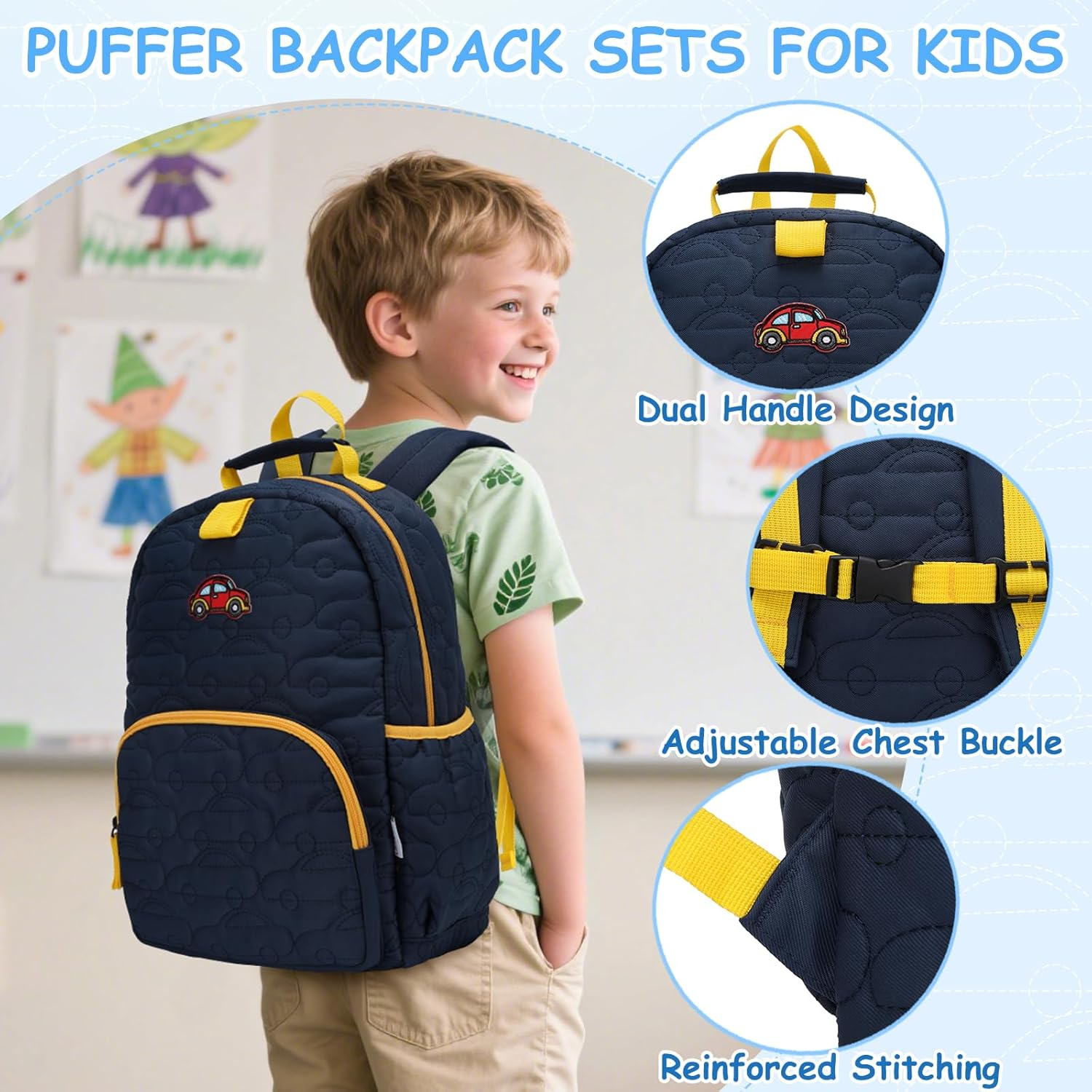 Toddler Backpack for Boys Girls,Chase Chic Puffer Cute Lightweight Preschool Backpack with Lunch Box Set for Daycare Kids - Blue Car image number 1