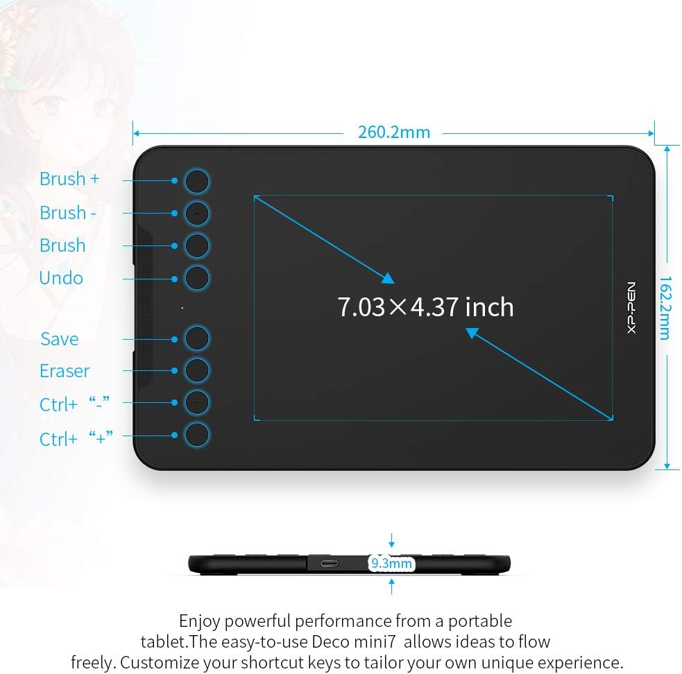 Xppen Updated Deco Mini7 V2 Drawing Tablet-16384 Levels of Pressure Battery-Free Stylus, 7 X 4 OSU Drawing Pad, 8 Hotkeys for Digital Art, Teaching, Gaming Graphic Tablet for Chrome, PC, Mac, Android