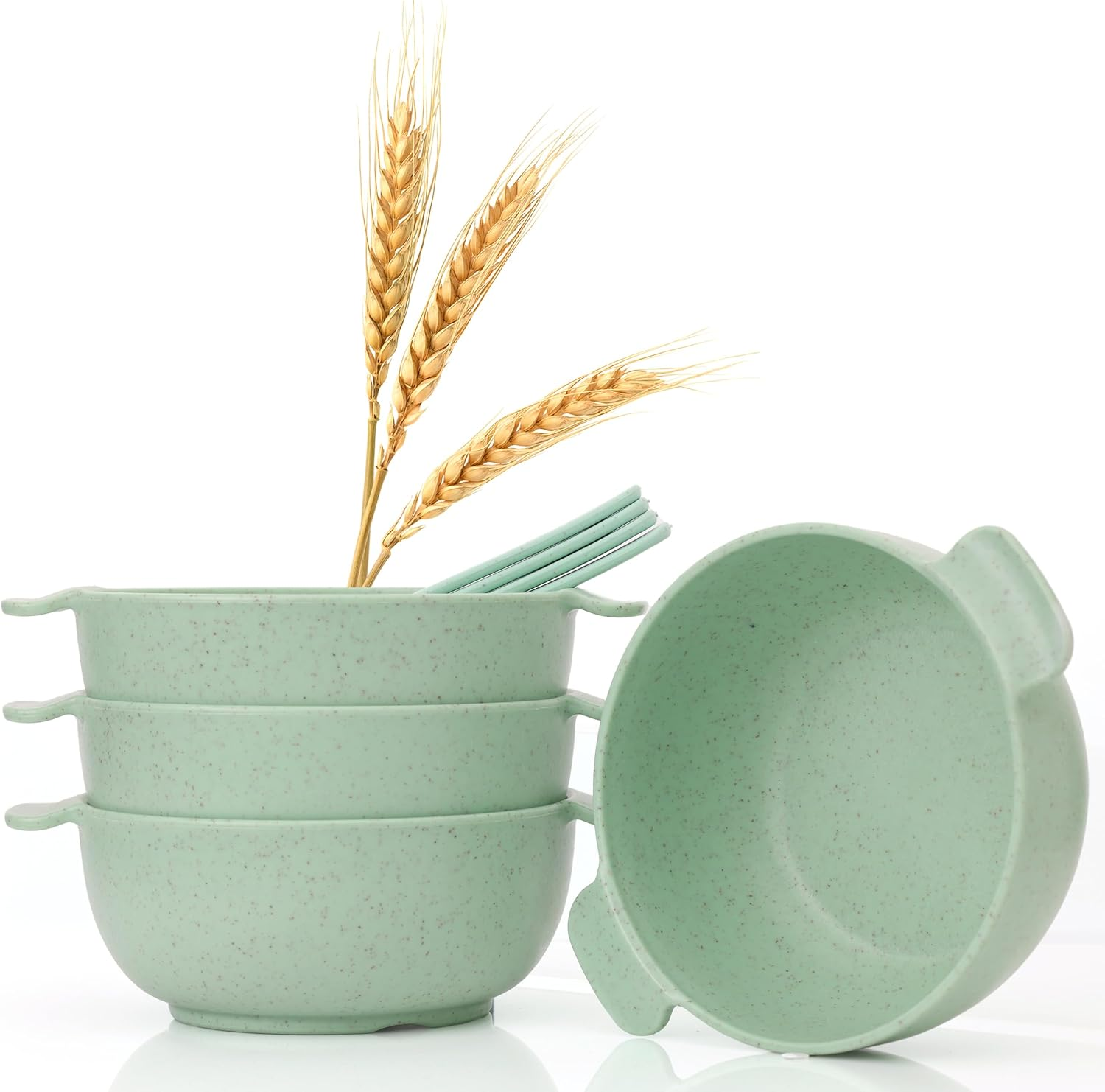 Rightitem Wheat Straw Dinnerware Set - 4 Bowls & 4 Spoons, Reusable, Microwave & Dishwasher Safe, Perfect for Camping or Home Use