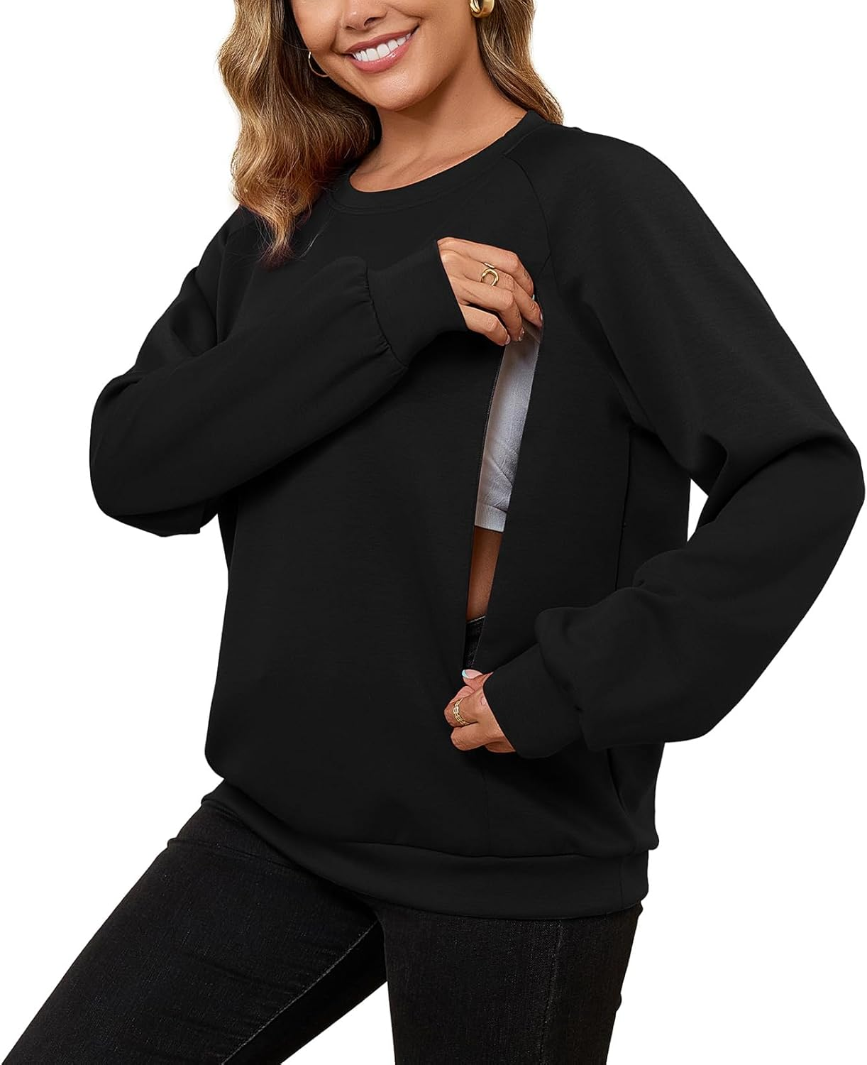 DEBELLY Nursing Friendly Sweatshirt for Breastfeeding Women Dual Zippers Nursing Top Long Sleeve Crew Neck Casual Wear