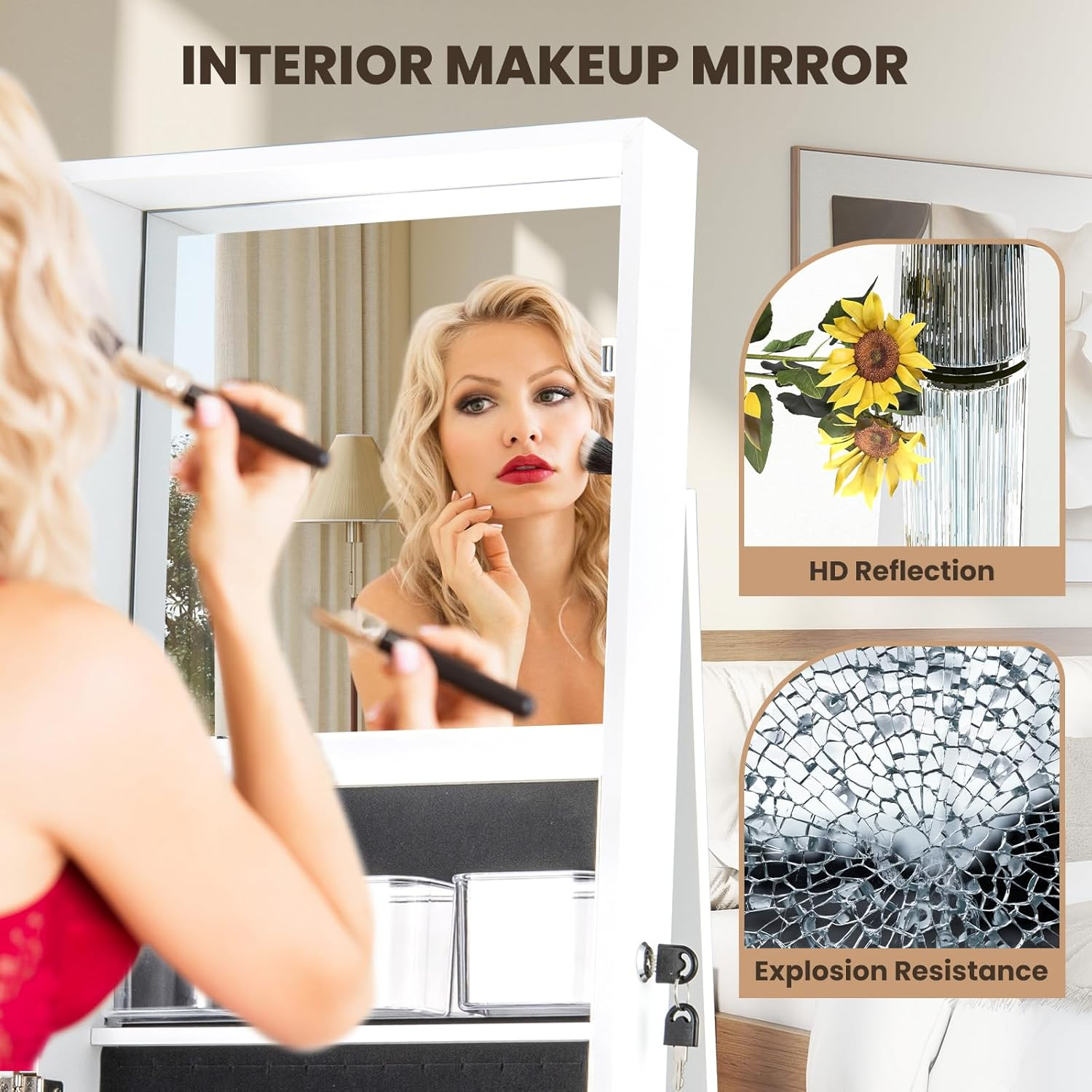 Giantex 360&deg; Swivel Jewelry Armoire, Standing Jewelry Organizer with Full Length Mirror & Back Shelves, Built-In Makeup Mirror for Bedroom, Cloakroom (White) image number 1