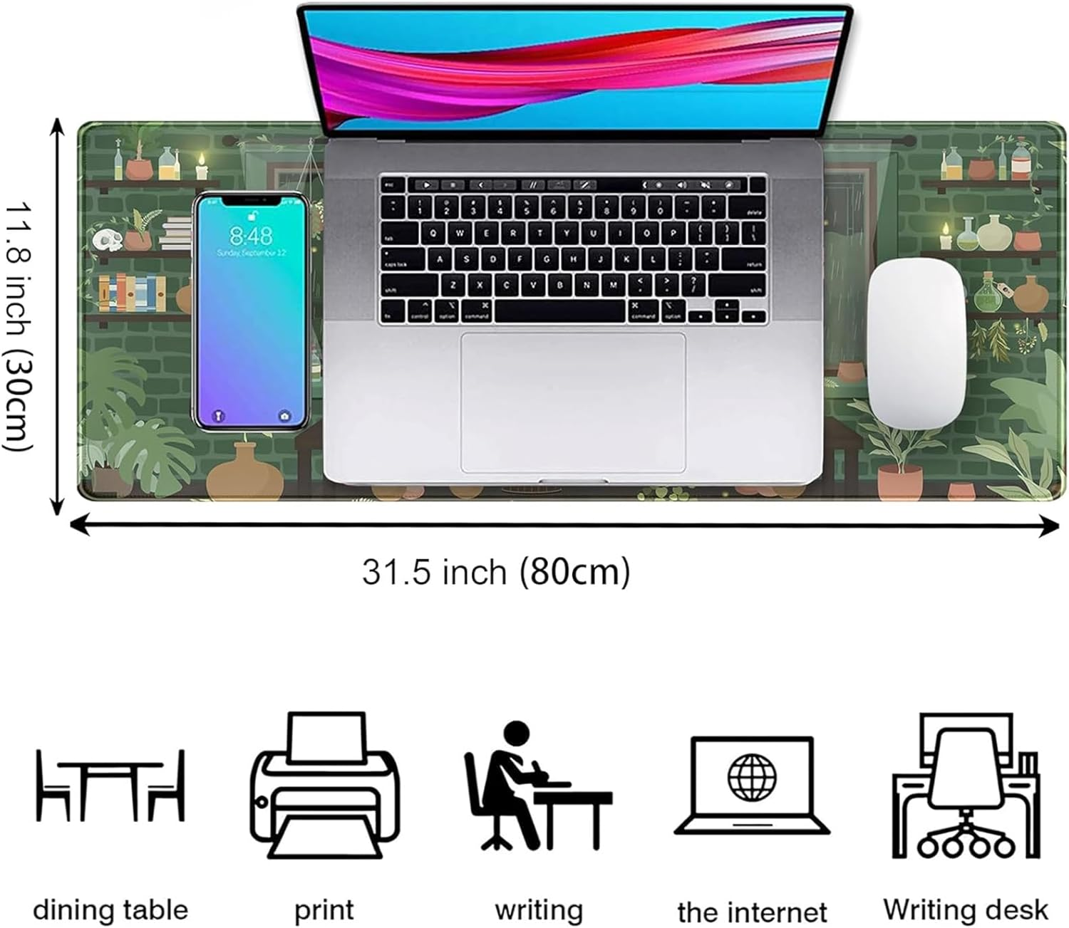Rainy Night Desk Mat Green Plants Gaming Mouse Pad, Aesthetic Anime Black Cat Desk Pad,Extended Laptop Computer Keyboard Mat Desk Mats on Top of Desks,31.5X11.8 Inch image number 4