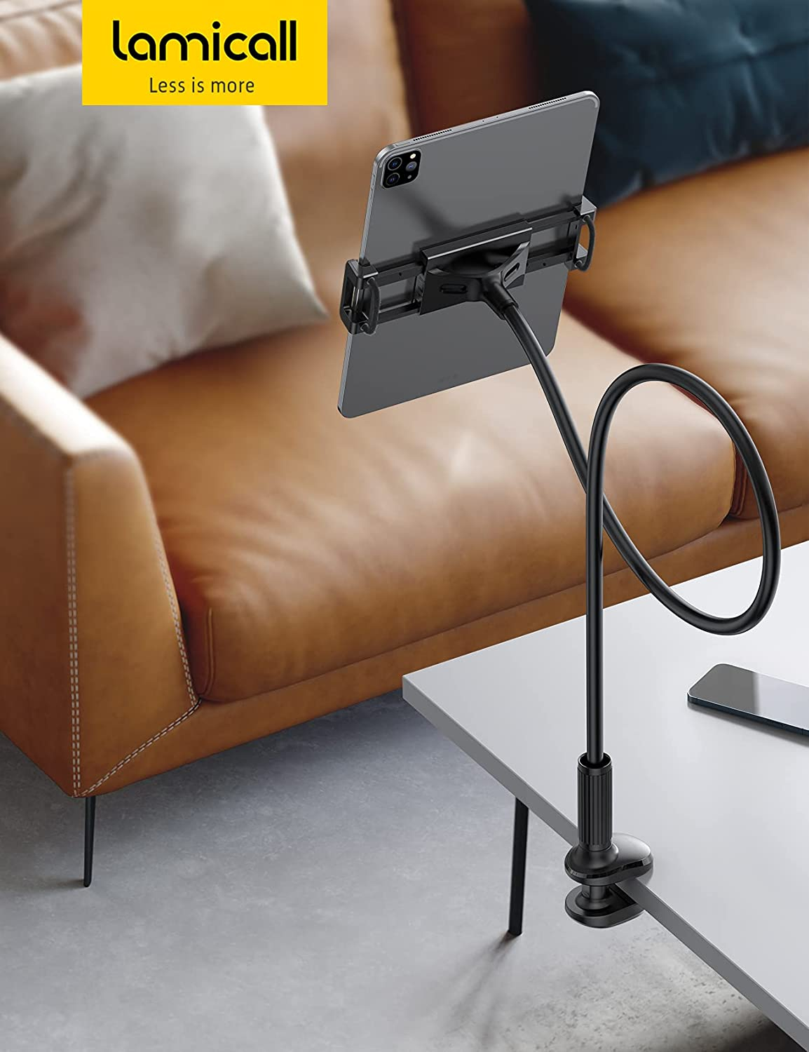 Lamicall Gooseneck Tablet Holder Mount : Flexible Arm Clip I Pad Stand for Bed, Tablet Mount for Desk Table, Compatible with Ipad Pro 11", Mini Air, Galaxy Tabs More 4.7 to 10.5" Phones and Devices - Black image number 2