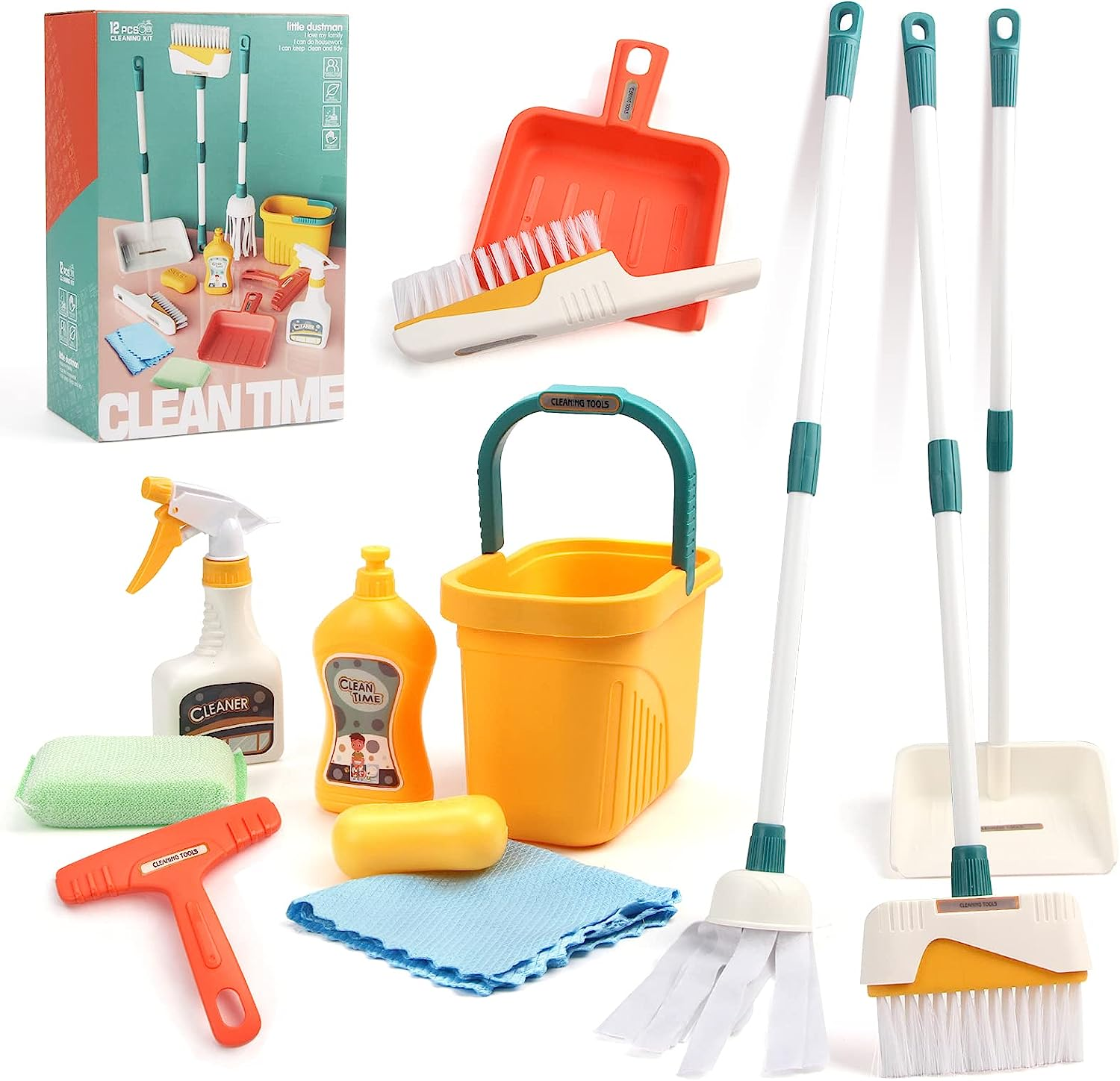 Detachable Kids Cleaning Toy Set - Broom, Mop, Dustpan, Brush, Rag Play, Housekeeping Kit, STEM Really Clean Toys Girls & Boys