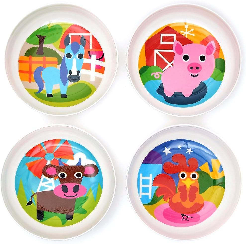 French Bull 4Pc Toddler Kids Feeding Melamine Tableware Flatware BPA Free Dishwasher Safe, Durable Plate, Cup, Bowl, Divided Tray Dinnerware Set, Juice, Farm, 4Pc Juice Cup Set (74392)