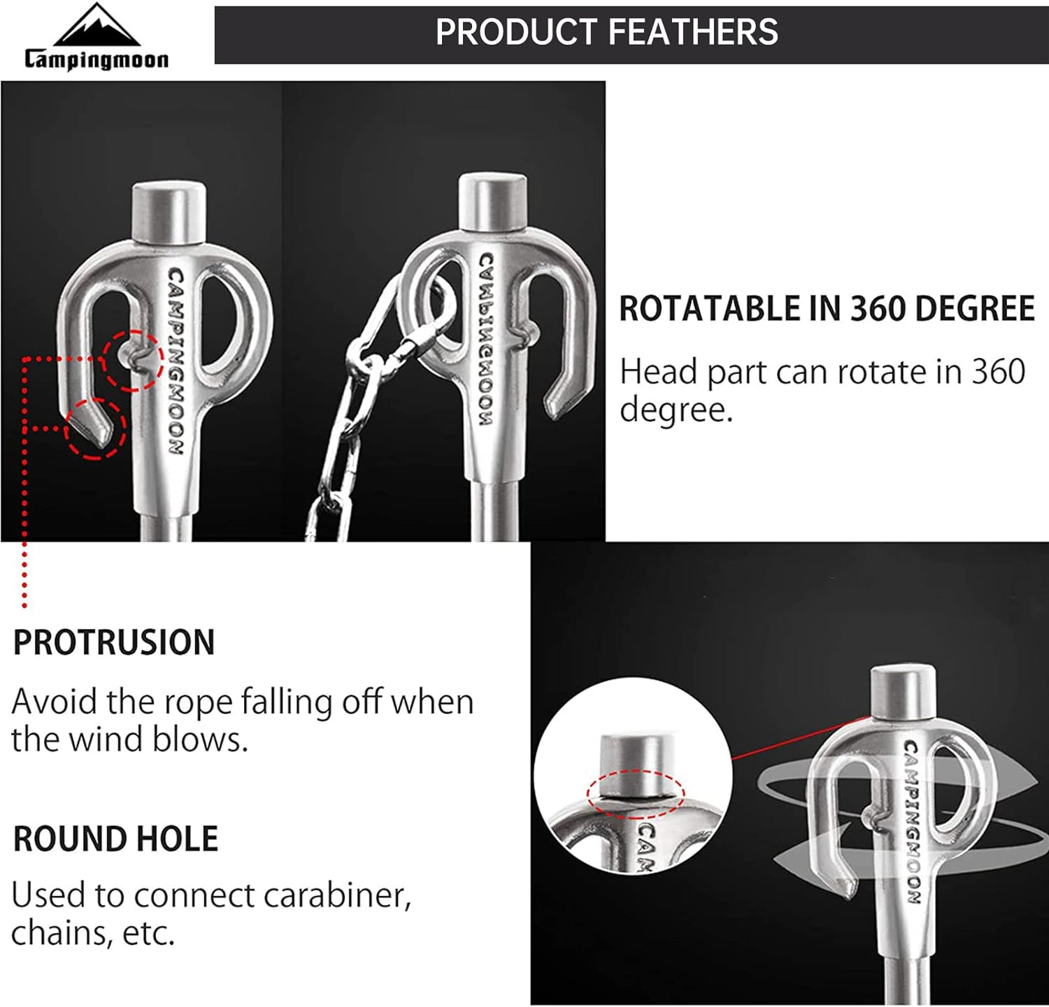 Campingmoon Dog Tie Out Stake 360&deg; Swivel Heavy Duty Strongest Dog Anchor Spike for Tie-Out Cable Chain in Yard or Camping image number 3