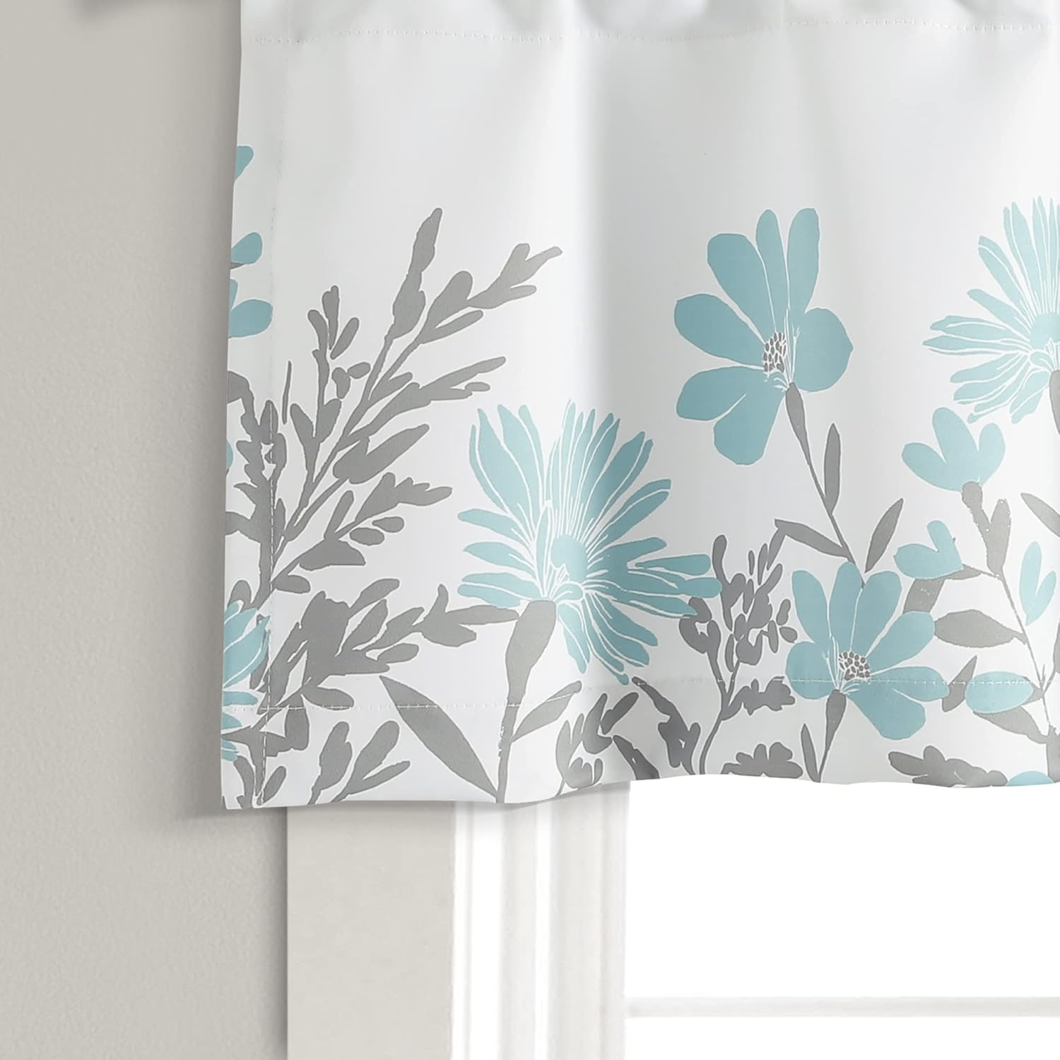 Lush Decor Aprile Light Filtering Window Curtain Valance, 52" W X 18" L, Blue & Gray - Floral Curtains - Pretty Blue Flower Print - Cottage, French Country & Farmhouse Window Decor - Yellow  Gray image number 4