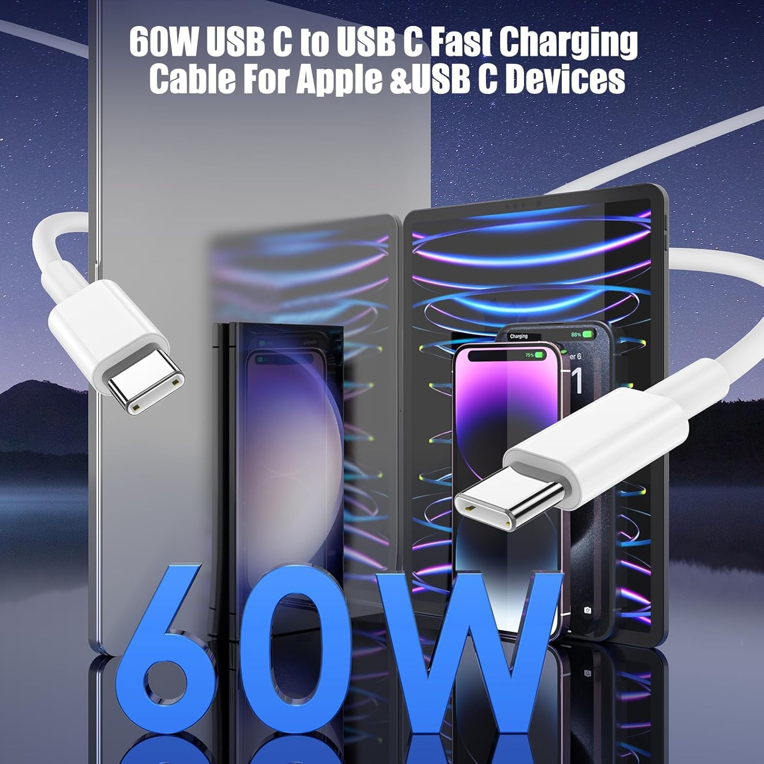 USB C to USB C Cable, 3Pack[1M 60W+1.2M 60W+2M 100W], Type C to C Cable Fast Charging Cord for Iphone 16/15/Pro/Pro Max/Plus, Macbook Air 13 Inch/Ipad Pro/Air, Samsung Galaxy S24 S23, Macbook Air image number 5