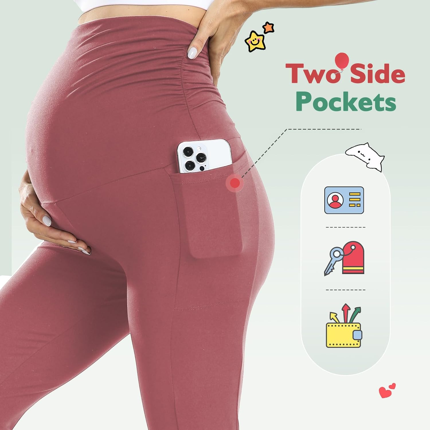 Women'S Maternity Leggings with Pockets High Waistband Pregnancy Leggings Opaque Elastic Maternity Leggings for Pregnant Women, Carmesin Red, L image number 1