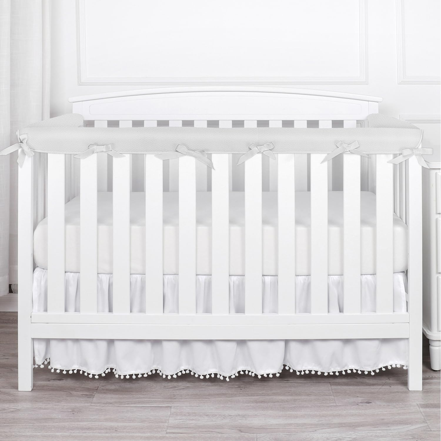 3 in 1 Breathable Mesh Liner for Life Size Cribs,White Soft Anti-Collision Strip Corner Covers,Protect Baby Teeth and save Crib Rails, Rail Edge Protector Strip (Gray) image number 6
