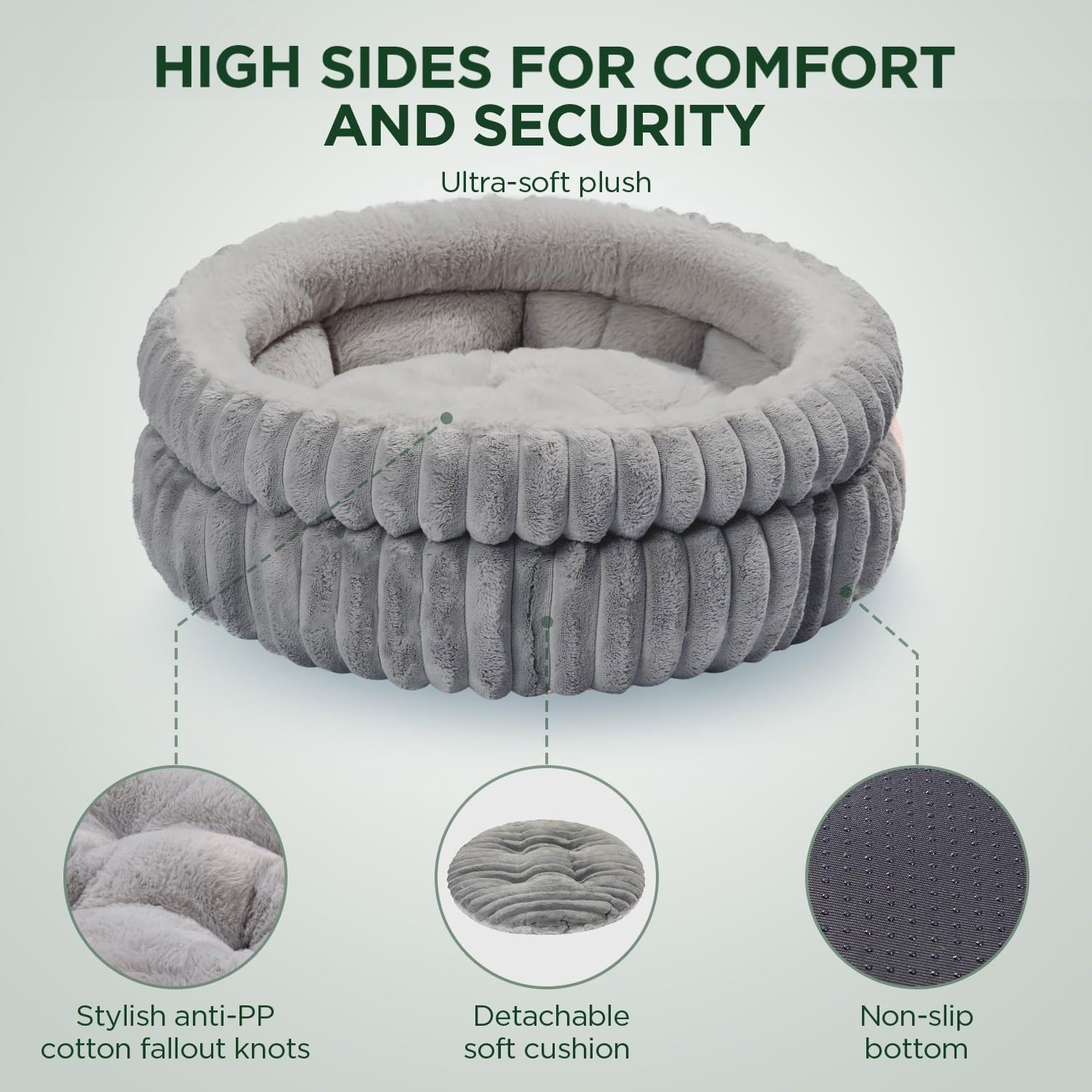 Cat Bed Kitten Bed, Washable round Cat Beds for Indoor Cats, Super Soft Plush Faux Fur Pet Bed for Puppy and Kitten with Anti-Slip Bottom (Grey, 60 X 60 X 20 Cm)