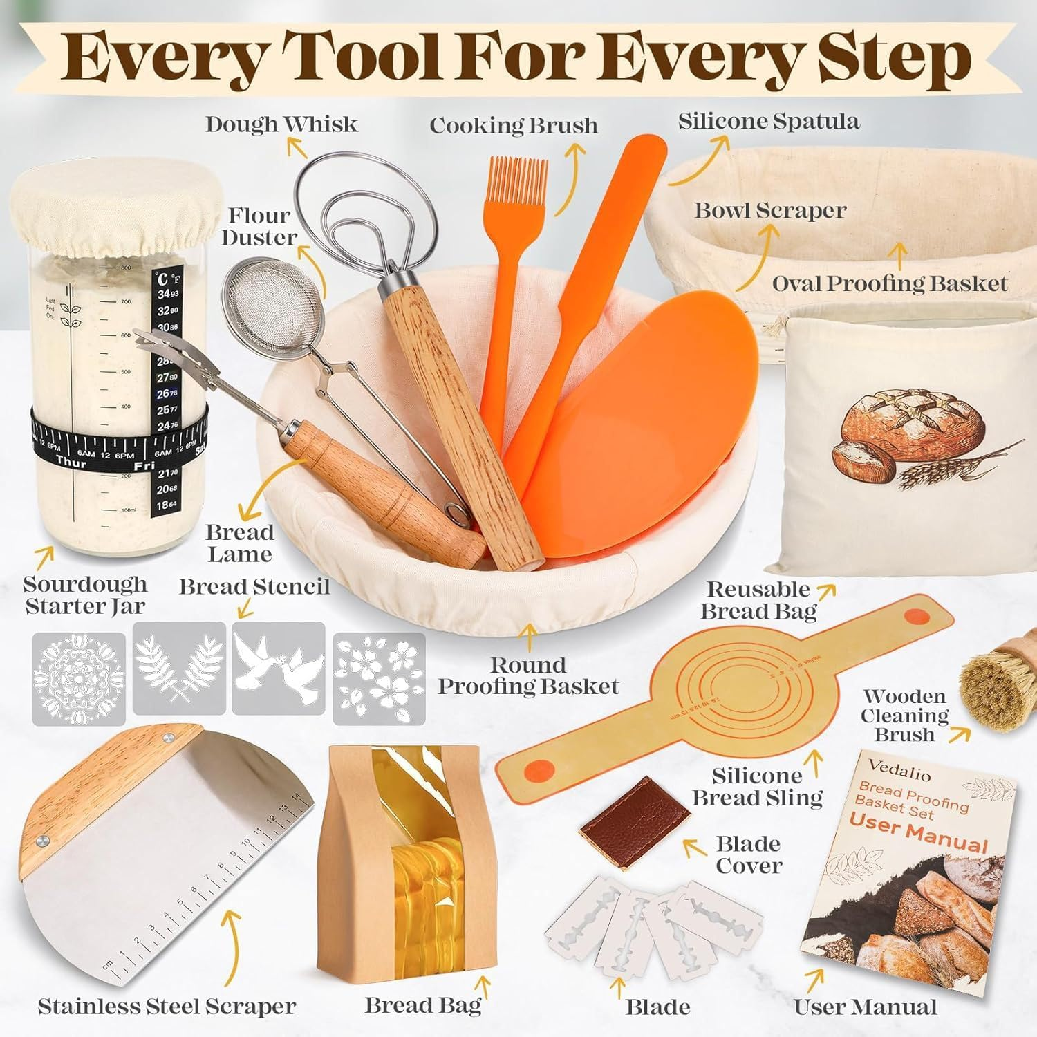Sourdough Bread Baking Supplies, Sourdough Starter Kit, Bread Proofing Basket, Bread Making Tools Kit, Sour Dough Kit Tools, Sourdough Proofing Basket, Sourdough Kit Gifts for Bakers Women Wife Mom image number 5