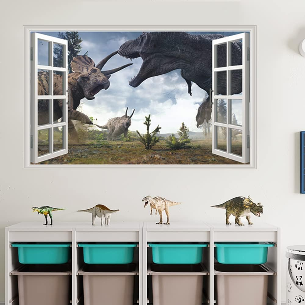 YOWOCAL 3D Watercolour Dinosaur World Fake Windows Wall Sticker,Self-Adhesive Removable Open Windows Wall Decals for Kids Nursery Bedroom Playroom Home Classroom Decor（27''X17''） image number 6
