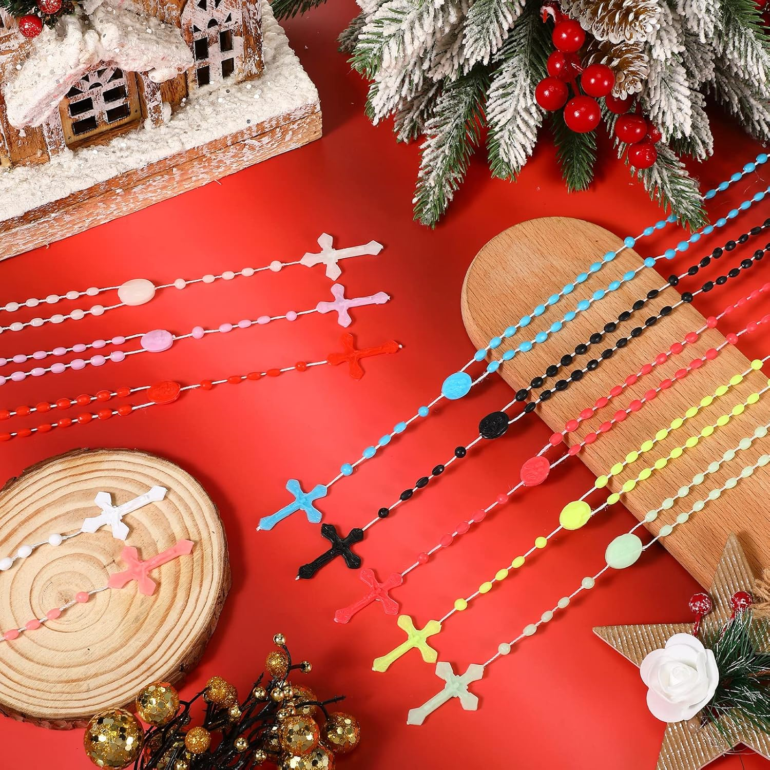 Bulk Rosaries 100 Pack Plastic Rosary Beads Catholic Cross Necklaces Christmas Rosaries for Kids Homeless Christmas Easter Church Classroom Gift Party Favor Food Bank Supply (13 Inch, 10 Colors) image number 4