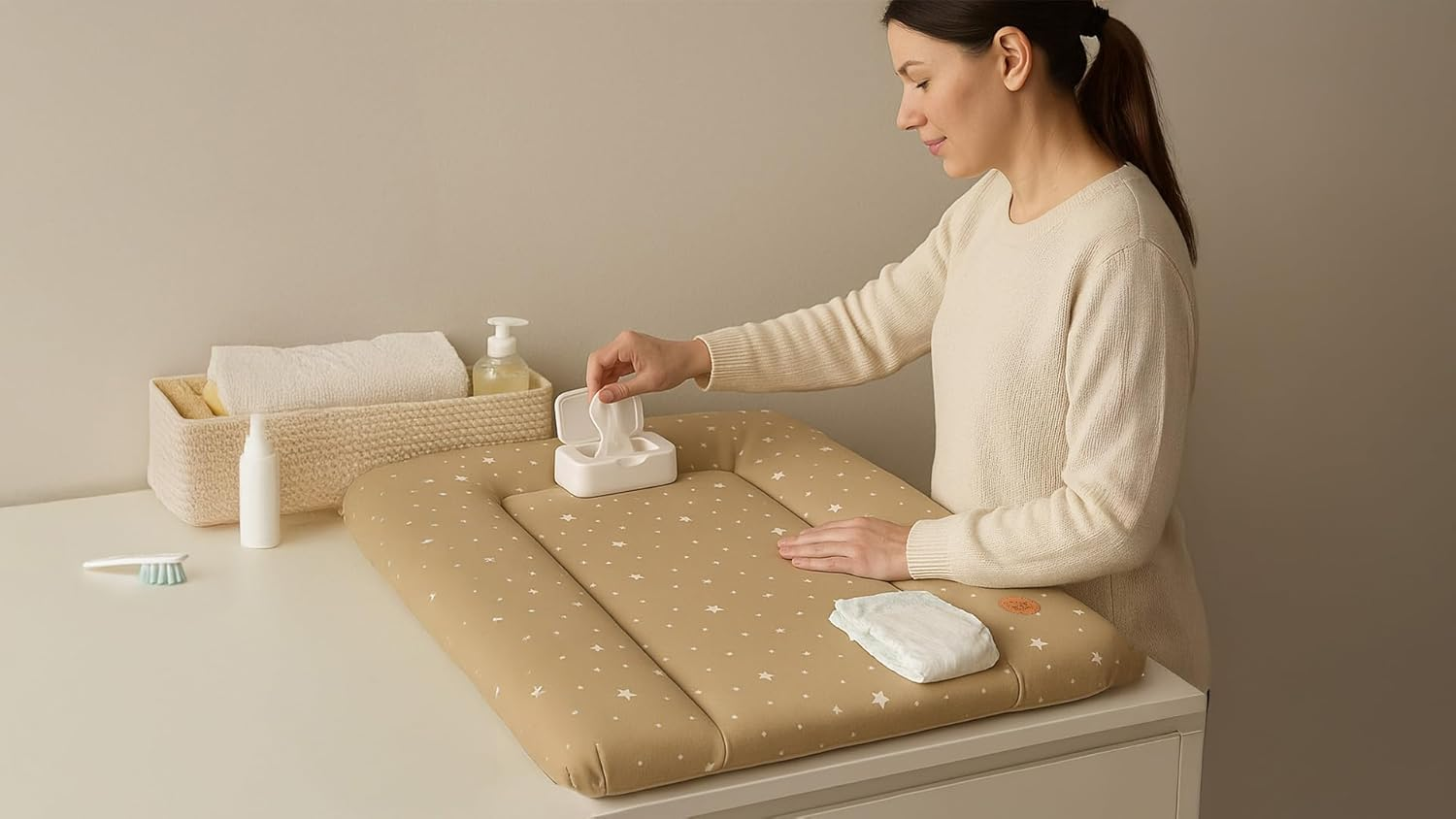 Changing Mat Washable and Waterproof 70 X 50 Cm - Changing Mat for Laying on Changing Table Changing Table Changing Table or Washing Machine Changing Mat 70 X 50 Cm Beige with White Stars image number 2
