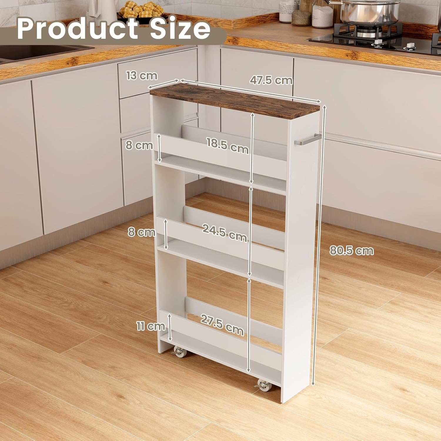 Costway Slim Storage Cart W/Handle, 4-Tier Slide Out Utility Cart, Shelving Unit Organizer Trolley for Narrow Places, Perfect for Laundry, Kitchen, Living Room (Rustic Brown+White) - Rustic Brown+White image number 4