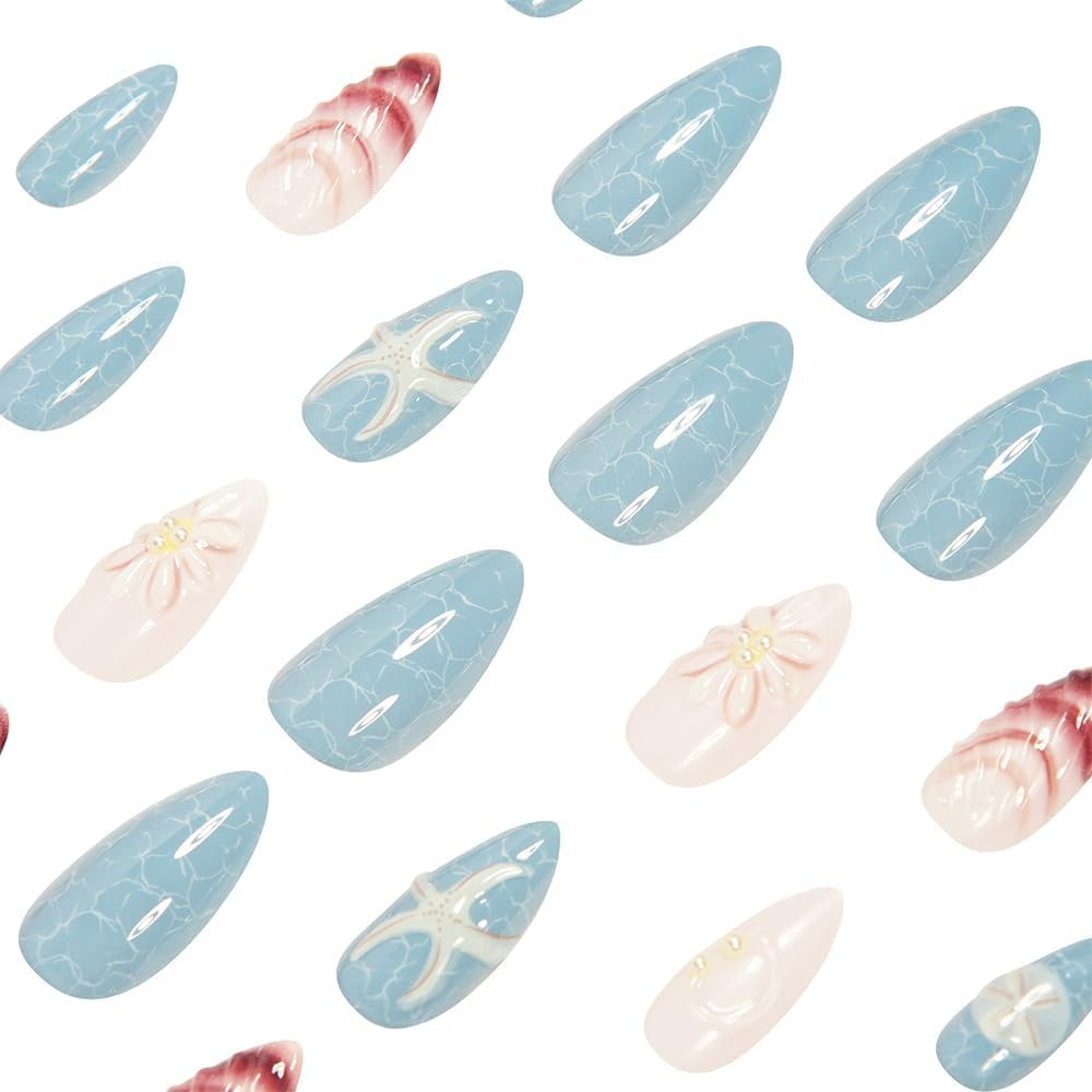 24Pcs Press on Nails Ocean Style Fake Nails Starfish&Seashell 3D False Nail Tips Finger Manicure for Women and Girls