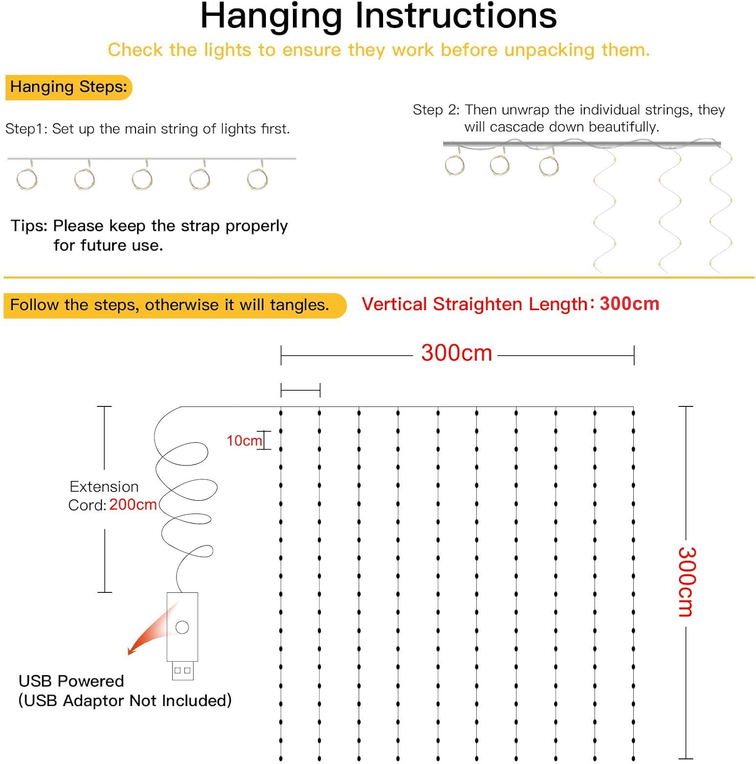 300 LED Fairy Curtain Lights, 3M X 3M Curtain String Lights, 8 Lighting Modes USB Plug in Hanging Lights Christmas Decoration, Bedroom Indoor Weddings Party (Warm White, 1 Pack)